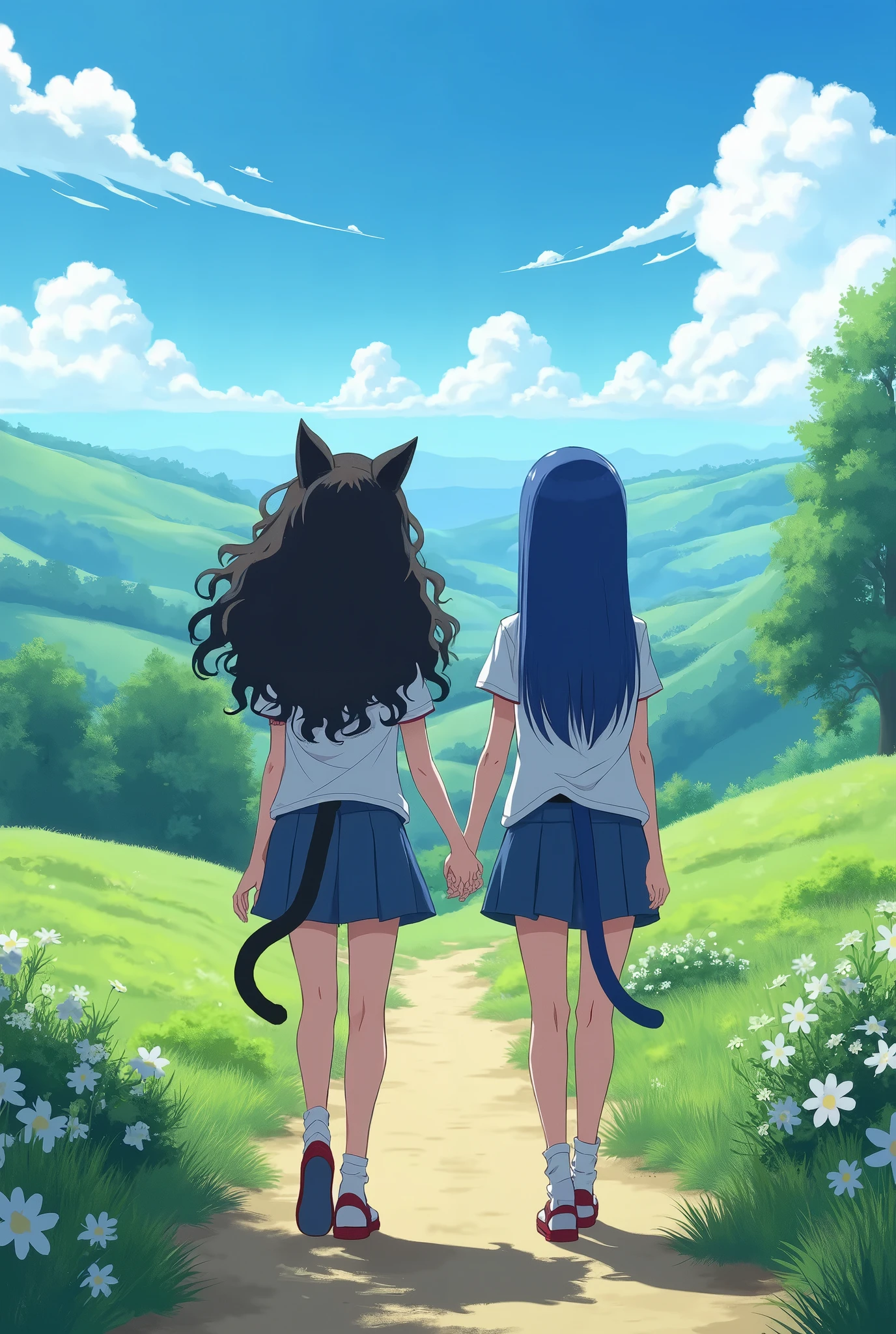 Fully naked anime cat girls stand on roof top  hills in background big tits and boobs showing asshole and pussy