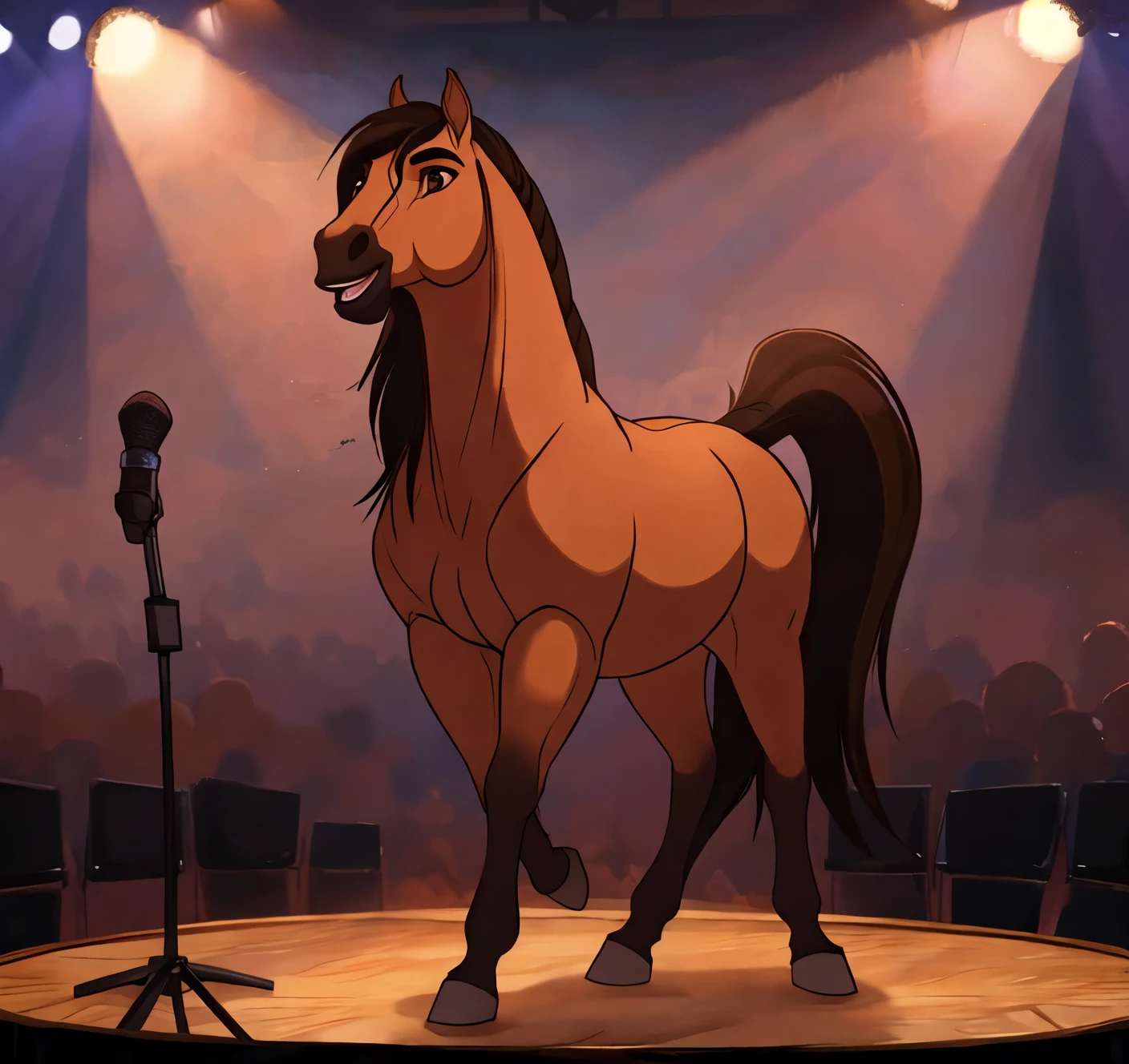 Feral horse Spirit sings into a microphone on a stand on stage, spotlights, Microphone on stage