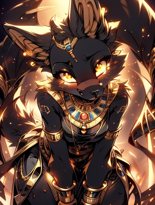 Anubis, shiny black and gold fur, long black and golden hair, stripped skin, blemished skin, Very good figure, bright tone, warm color, colorfully, work of art, super detaill, high qualiy, best qualityer, high resolution, tribal, beautiful and bright eyes, alone, gorgeous body