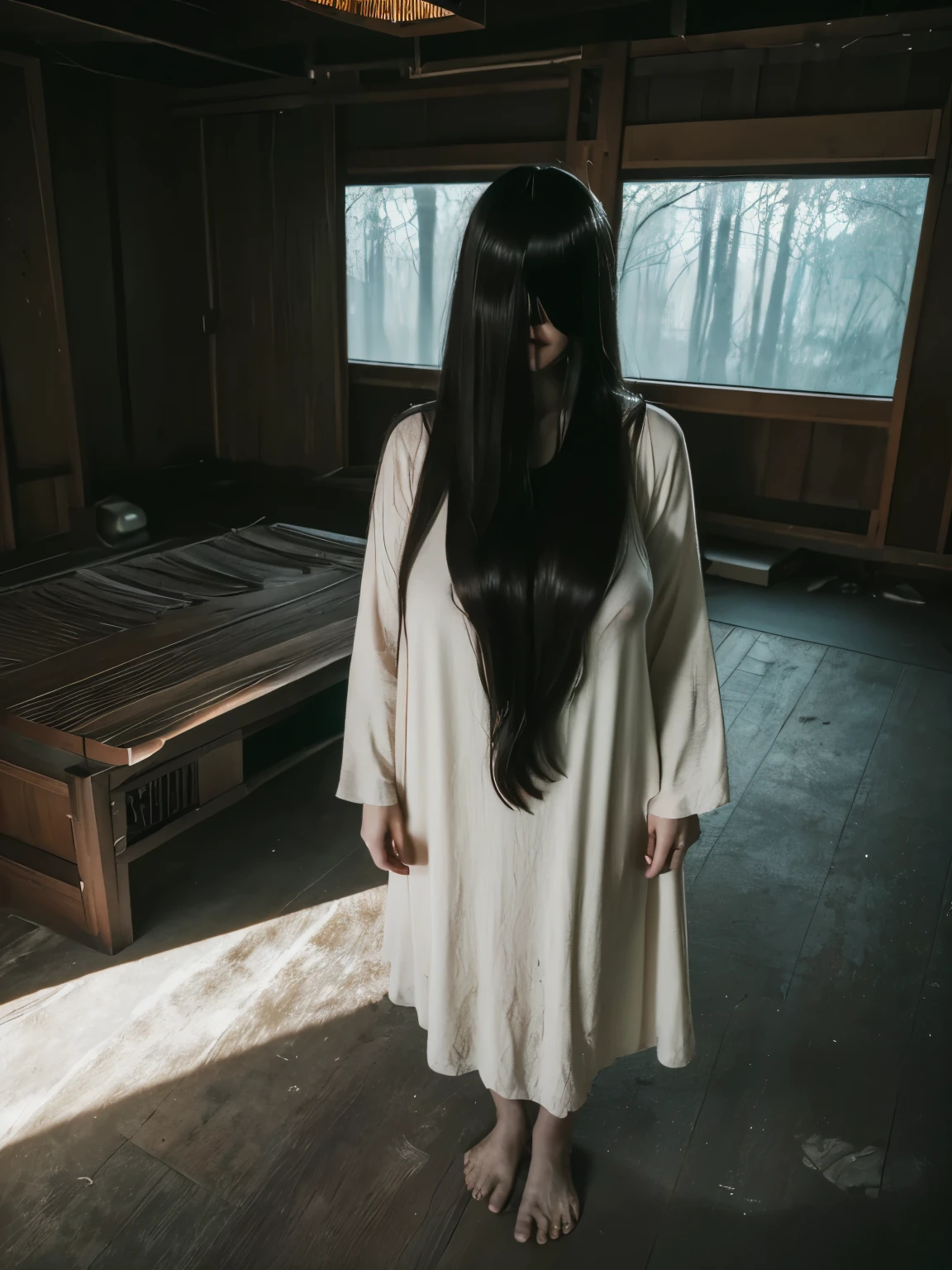 (masterpiece:1.1, Best Quality:1.1, 16K HDR, High resolution), (1girl in, Solo), professional lighting, cinematic lighting, RAW photo, Ultra-realistic & detailed portrait of Sadako Yamamura, the ring, Black hair, (((((extremely Long hair, extremely long Bangs, extremely long bangs over eyes))))), (((Extremely ultra huge breasts, Extremely ultra huge cleavages, Extremely ultra huge tits, Extremely ultra huge boob))), (((ultra realistic interior of an abandoned Japanese style room, ultra detailed interior of an abandoned Japanese style room))), (night atmosphere:1.7, dark atmosphere:1.7, horror & spooky atmosphere:1.7), Realistic skin texture, (ultra slim waist:1.15, Perfect slim body style:1.15), ((long sleeve, white dress)), ultra realistic skin texture, ultra detailed skin texture, full body shot, zoom out view, (standing, on Tatami), 