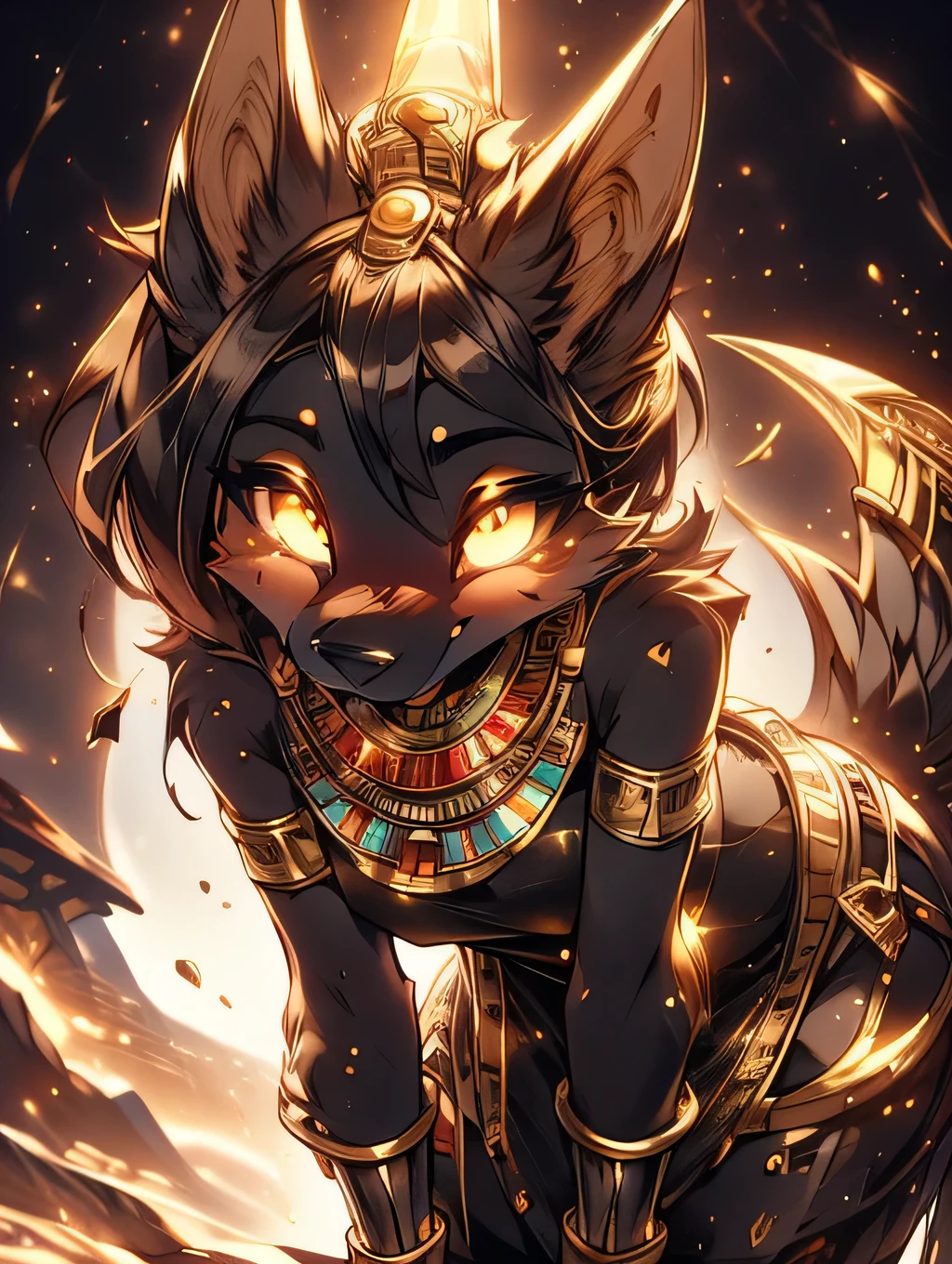 ((masterpiece, The best quality)), (anthropo furry:1.3, snout:1.2, anthropo:1.3, furry:1.2, close up:1.2, lonely woman:1.2, neckline, leaning forward, squinting eyes, Satisfied smile),Add aesthetic and lighting details. Black girl jackal, Egyptian clothing, teenage girl, ,black body, egyptian landscape, gold body tattoo, sensual eyes, yellow pupil.