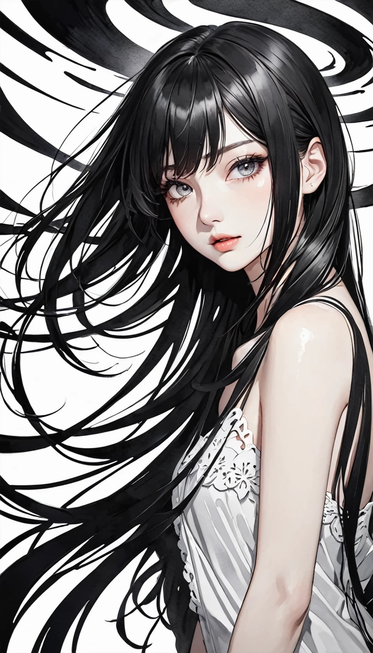 tsuruta ichiro, Narrow-eyed, 1girl in, Allback、shorth hair、brow、Reluctance、A dark-haired、Tucked Hair Solo, Cowgirl, Onepiece,  ((mideum breasts)),  Thin slit eyes、Black eyes, Light shines on the eyes、Black hair, gloves, Dress,  Luxurious Jewelry, earrings, sharp eye、 elbow groves,Raise your hands and tie your hair back, random color, random color dress,  Makeup for long eyes, Slender eyes、lip stick, Complex petal pattern, Rim Light, Back Light, pastel color,Studio Lighting