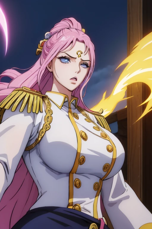 (masterpiece),((goddy)),ahegao, best quality, expressive eyes, perfect face, 1girl, long hair, pink hair, huge breasts, large breasts, thick thighs, curvilinear waist, blue shirt, white  uniform, muscular female, dark blue eyes, gold adornments, curvy waist, juicy waist, with lightning around the body, dragon scales on body, dragon girl, monster girl, Navy Army Uniform, with a cut scar on his left eye, wearing a monocle, young female, 