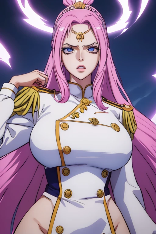 (masterpiece),((doggy position)),ahegao, best quality, expressive eyes, perfect face, 1girl, long hair, pink hair, huge breasts, large breasts, thick thighs, curvilinear waist, blue shirt, white  uniform, muscular female, dark blue eyes, gold adornments, curvy waist, juicy waist, with lightning around the body, dragon scales on body, dragon girl, monster girl, Navy Army Uniform, with a cut scar on his left eye, wearing a monocle, young female, 