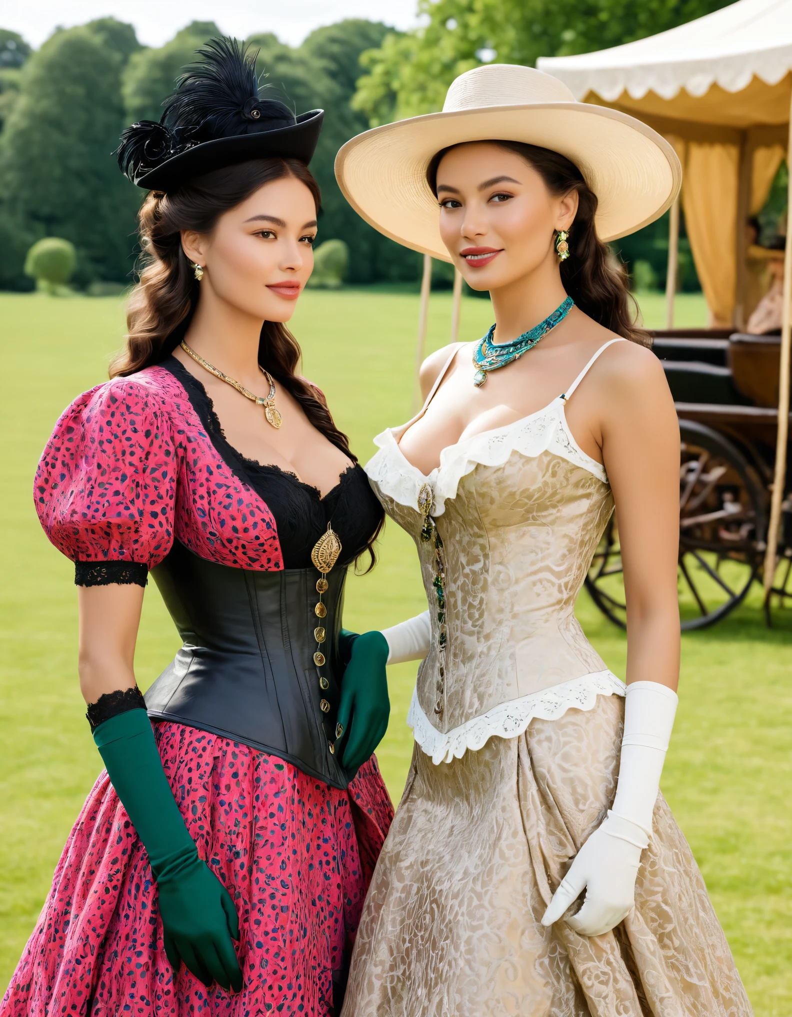 Two women models, Sura and Cleo. A modern photo of a period drama filmset. Outside a stately home, candid informal photo, two close friends relaxed, not posed photo, happy expression, looking at each other, on a film set. Period clothes. Description of Sura: (Sura is wearing colourful vintage clothes, clothes in the style of 19th century, 1850AD, American West, working class, leather, cotton, Latina, wild west, hostess, saloon bar, cowgirl, small, cheap jewellery.). Description of Cleo: (Cleo is wearing elegant clothes from fin-de-siecle Paris. Lace, silk, quality jewellery, printed material. High class, sexy, escort, Mixed race Korean-Nigerian, slightly taller than Sura). Slim and beautiful models, bosoms, large breasts, bodices, gloves, hats, styled hair. Sunny day. Under a large open marquee, film crew, set catering, camera equipment nearby