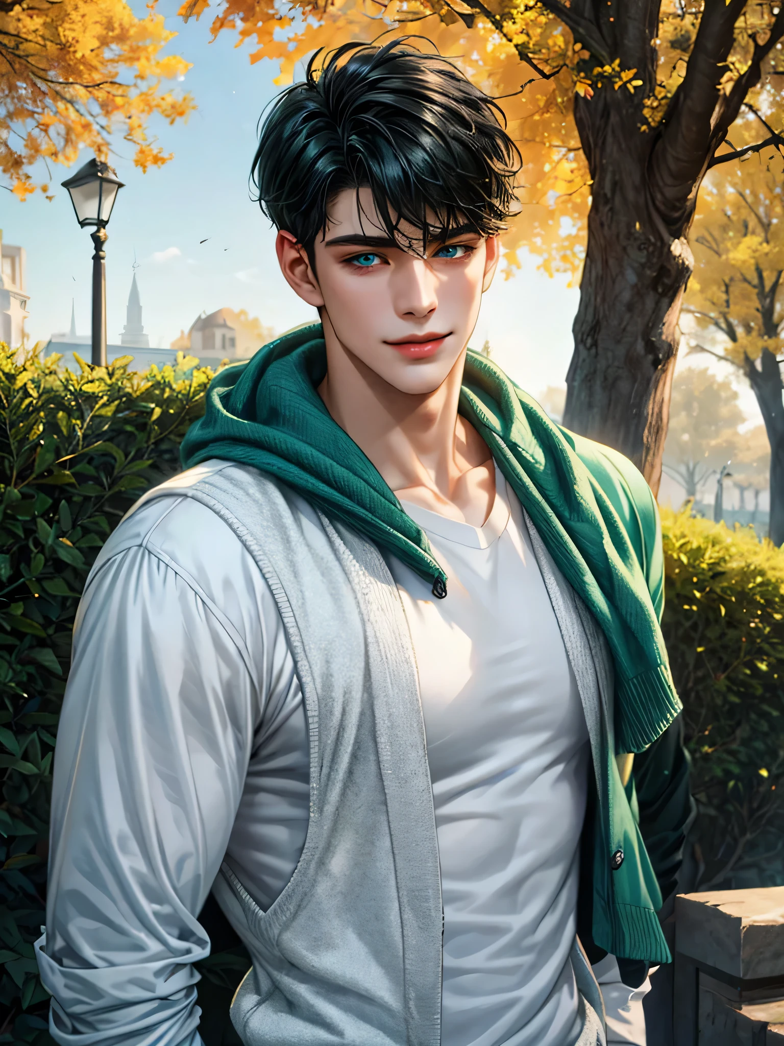 handsome young man, black hair short hair, blue eyes, ombros largos, masterpiece, Absurd, Beautiful and detailed face, looking to the side, gentle smile, with a dark green long sleeve sweater, in a bright autumn environment