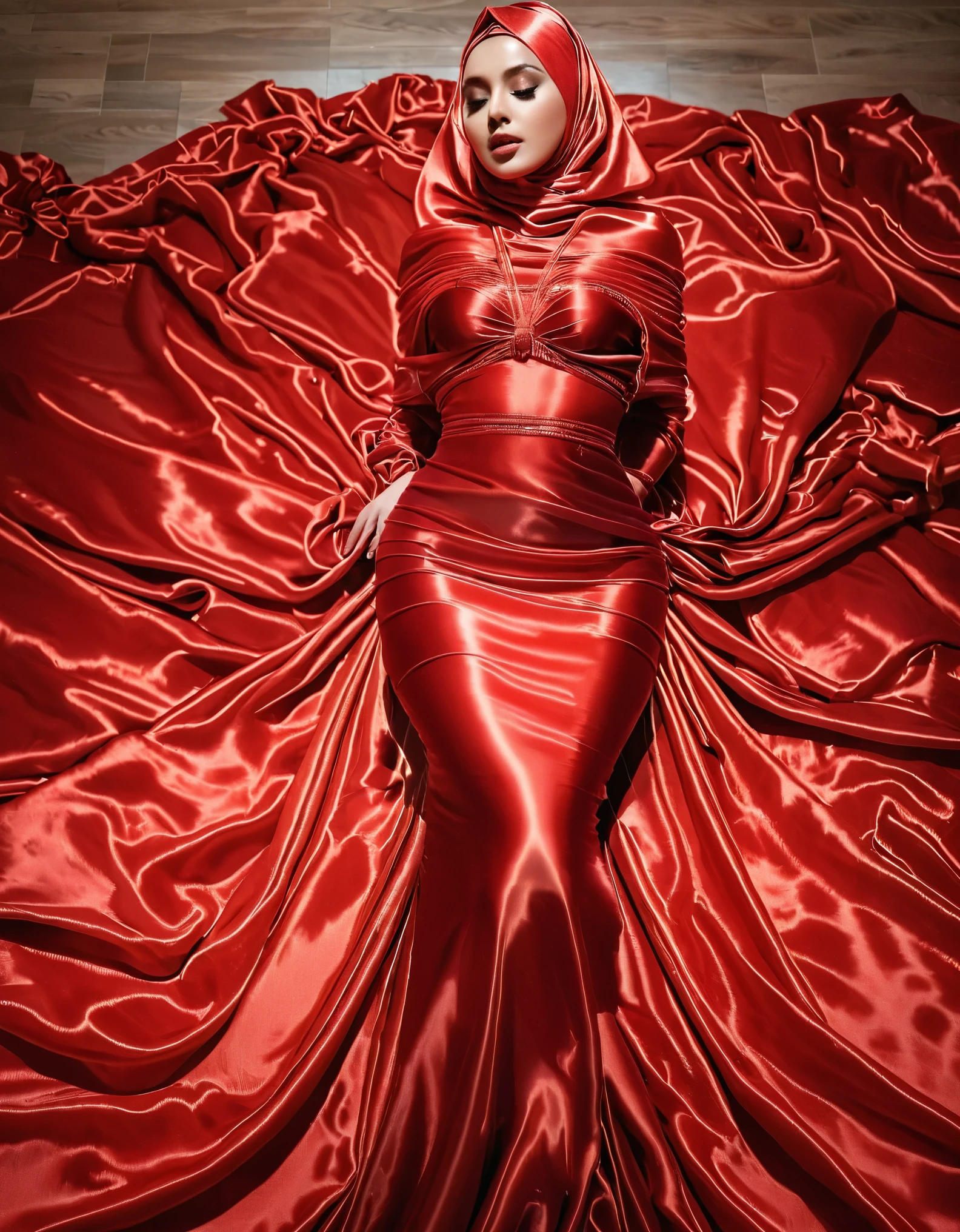 A woman shrouded in a 8-meter-long, plush red transparent satin cloth, tightly bound and grandly draping along the form of her body, flowing off into a pooled floor-length train, styled in a mermaid-inspired outfit, her head modestly veiled in a satin shimmer hijab, sexy,175 height woman, in satin bed, a full-body pose conveying a sense of elegance, captured in a 4k resolution, ultra-realistic