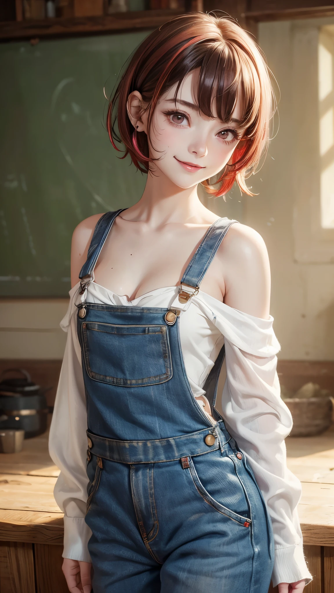 One girl, young girl, (small breasts), wearing farm dress, overalls, oversized, cleavage, off shoulder, short hairs, ((white hairs with red highlights)), blushing, smiling, extremely detailed eyes, 4k, perfect lighting, standing