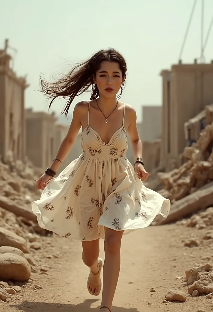 beautiful long hair woman wearing a floral sun dress, long dark hair flowing in the warm breeze running through a war zone
