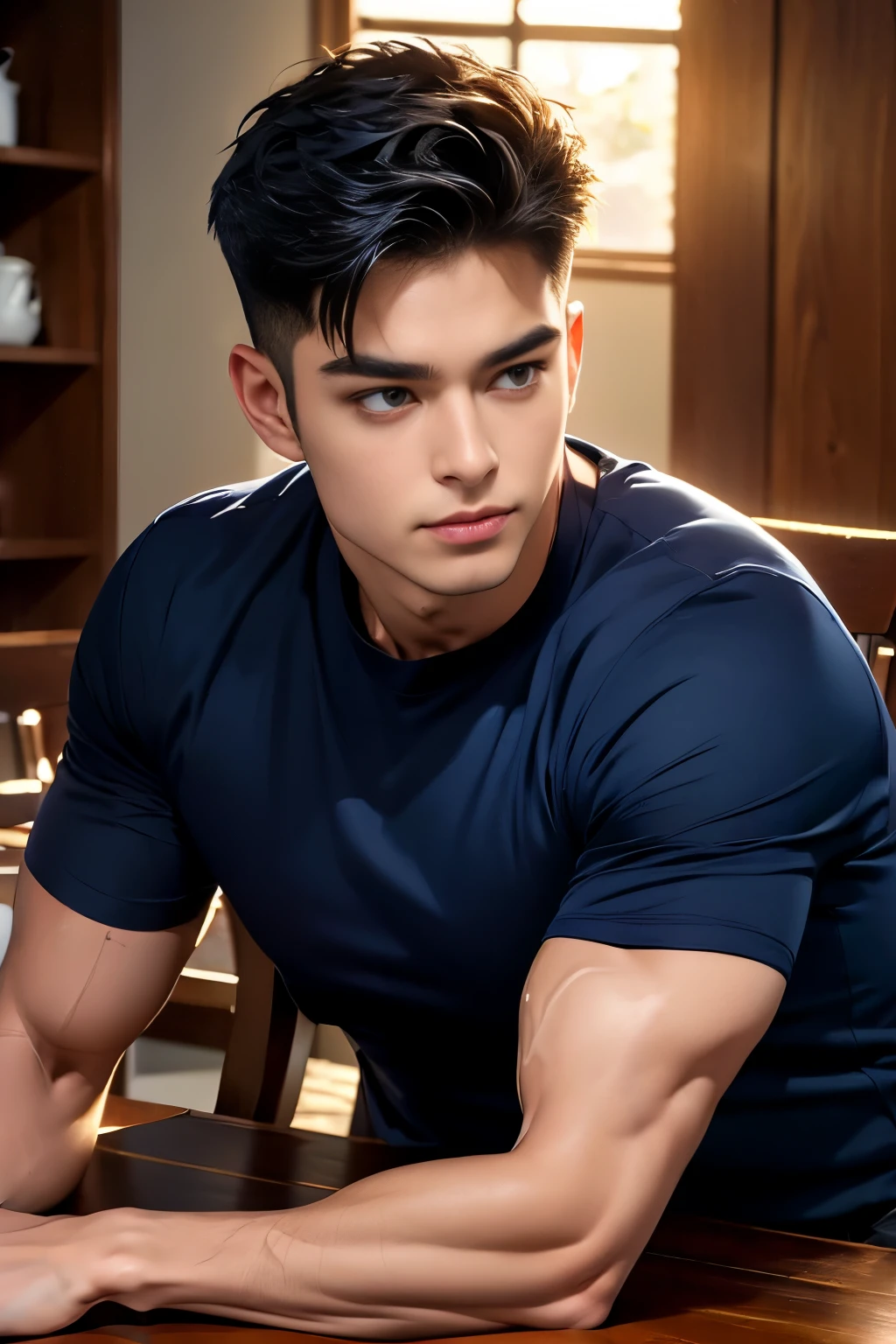 (Create a masterpiece:1.2),(CGI art:1.3),(realistic:1.5),(After processing:1.3),(Sharp focus:1.3),1 man ,(black hair) ,(Wear color navy round neck T-shirt), (with a Police badge:1.1),Navy blue jeans,Korean guy,korean men,(High gloss details),chest muscles,large arm muscles,blood vessel,Big muscles,Broad shoulders,looking at the audience,Balancing the eyes,(Lind has a dining table:1.3),