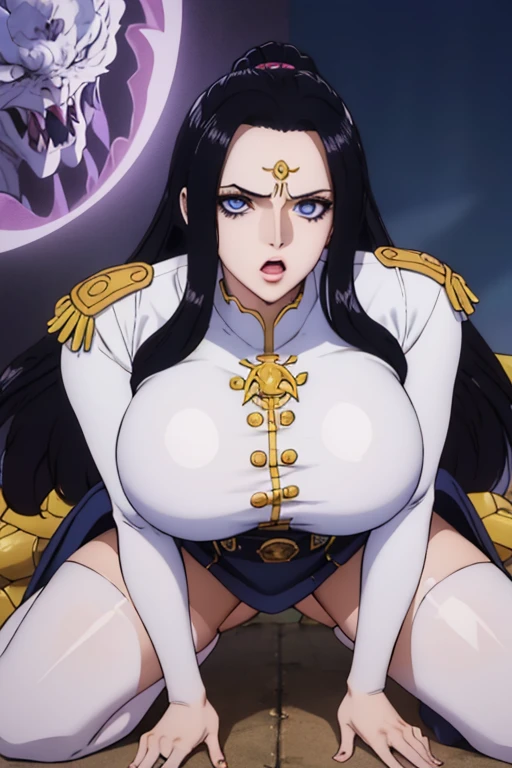 (masterpiece),((doggy position, on all fours)),(ahegao), best quality, expressive eyes, perfect face, 1girl, long hair, black hair, huge breasts, large breasts, thick thighs, curvilinear waist, blue shirt, white pants uniform, muscular female, dark blue eyes, gold adornments, curvy waist, juicy waist, with lightning around the body, dragon scales on body, dragon girl, monster girl, Navy Army Uniform, with a cut scar on his left eye, wearing a monocle, young female