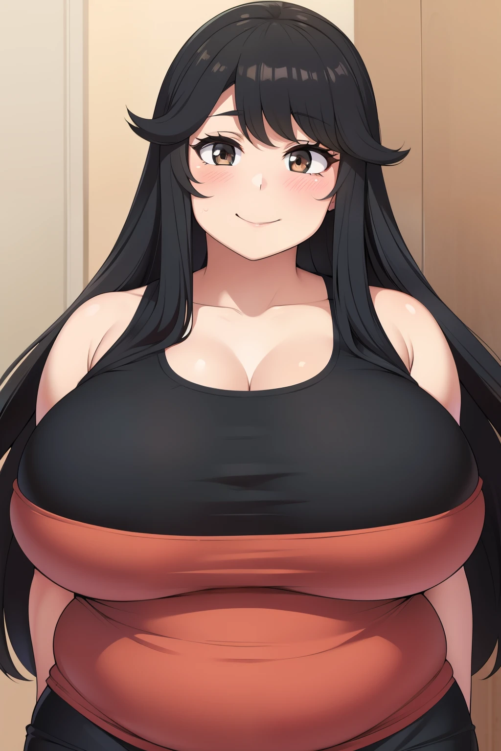 Chubby 2 big boobs black hair brown eyes happy long hair and smile blushing deredere 