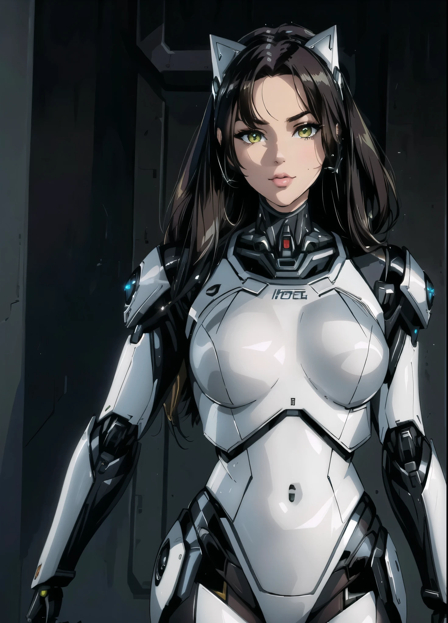 there is a woman in a cat suit posing for a picture, barbie cyborg, cyborg girl, retrofuturistic female android, cyborg - girl, beutiful girl cyborg, cyborg fashion model, cyborg woman, cybersuit, portrait of a cyborg queen, girl in mecha cyber armor, cyborg noble woman, beautiful female android!, cute cyborg girl, perfect anime cyborg woman, female robot, rogue hair