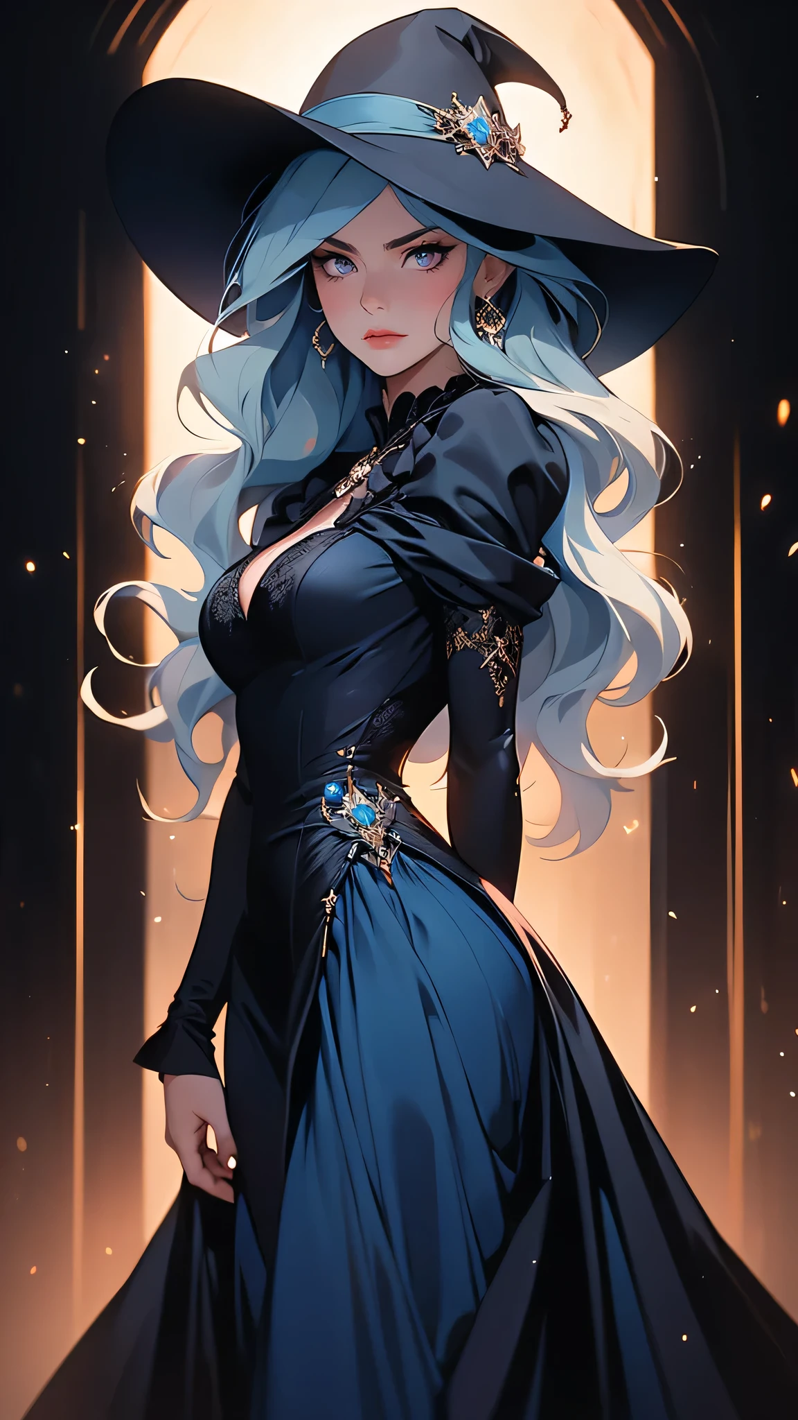 ((Masterpiece)), envision a 8k, highres, cinematic, extremely beautiful semi realistic full body pinup of a beautiful mature lady with a strong face, frown, mean face, slender body, ((long blue hair)),witch dress, witch hat blush, angry, side locks,  round face, long sweeping bangs, red eyes, soft lips, lip gloss, thick eyebrows, round face, ((((1girl)))), in dark lighting, against a dark gray background,