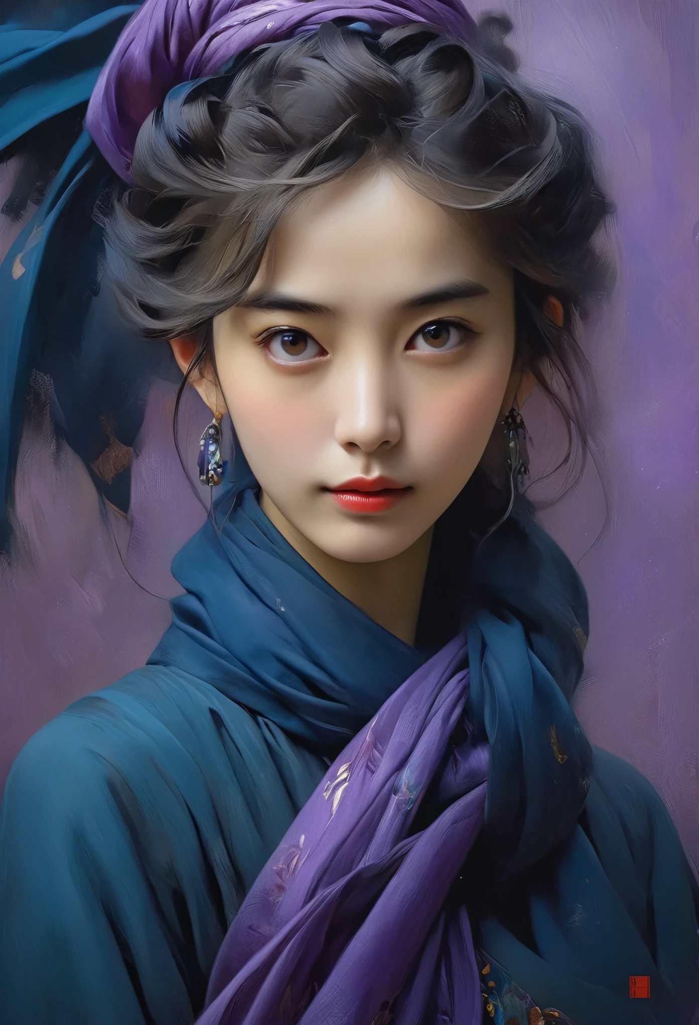 A woman in a dark blue dress with a long purple scarf, Beautiful Woman Photos, Beautiful fantasy empress, Jan J, style of Art Gelm, Art Gelm and ruan jia, extremely detailed Art Gelm, trending Art Gelm, Art Gelm.  ruan jia and Art Gelm, Inspired by Fuhua, Art Gelm detailed