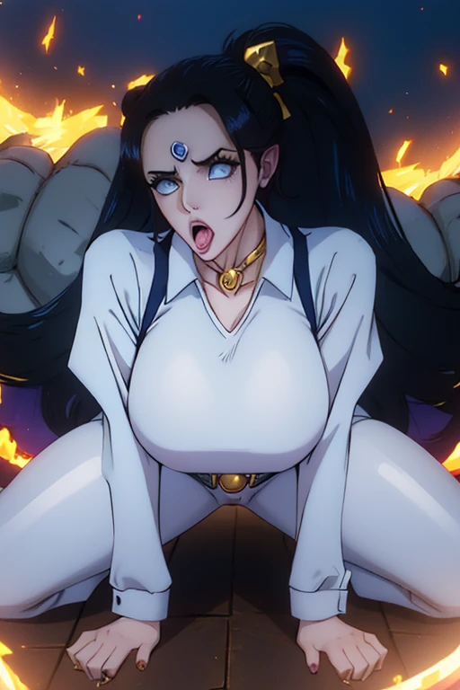 (masterpiece),((doggy position, on all fours)),(ahegao), best quality, expressive eyes, perfect face, 1girl, long hair, black hair, huge breasts, large breasts, thick thighs, curvilinear waist, blue shirt, white pants uniform, muscular female, dark blue eyes, gold adornments, curvy waist, juicy waist, with lightning around the body, dragon scales on body, dragon girl, monster girl, Navy Army Uniform, with a cut scar on his left eye, wearing a monocle, young female