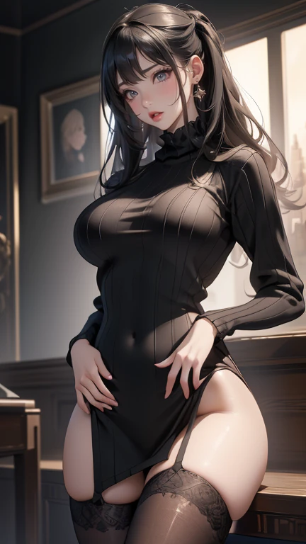 Virgin Destructor Sweater,Black pantyhose,Open your legs,High school girl,(Thin),(Large Breasts),(Random Hairstyle),(Highest image quality, (8K), Ultra-realistic, best quality, high quality, HD, High quality textures, High Detail, Exquisite and detailed, fine, Extremely detailed CG, Detailed texture, Realistic expression of the face, masterpiece, Presence)