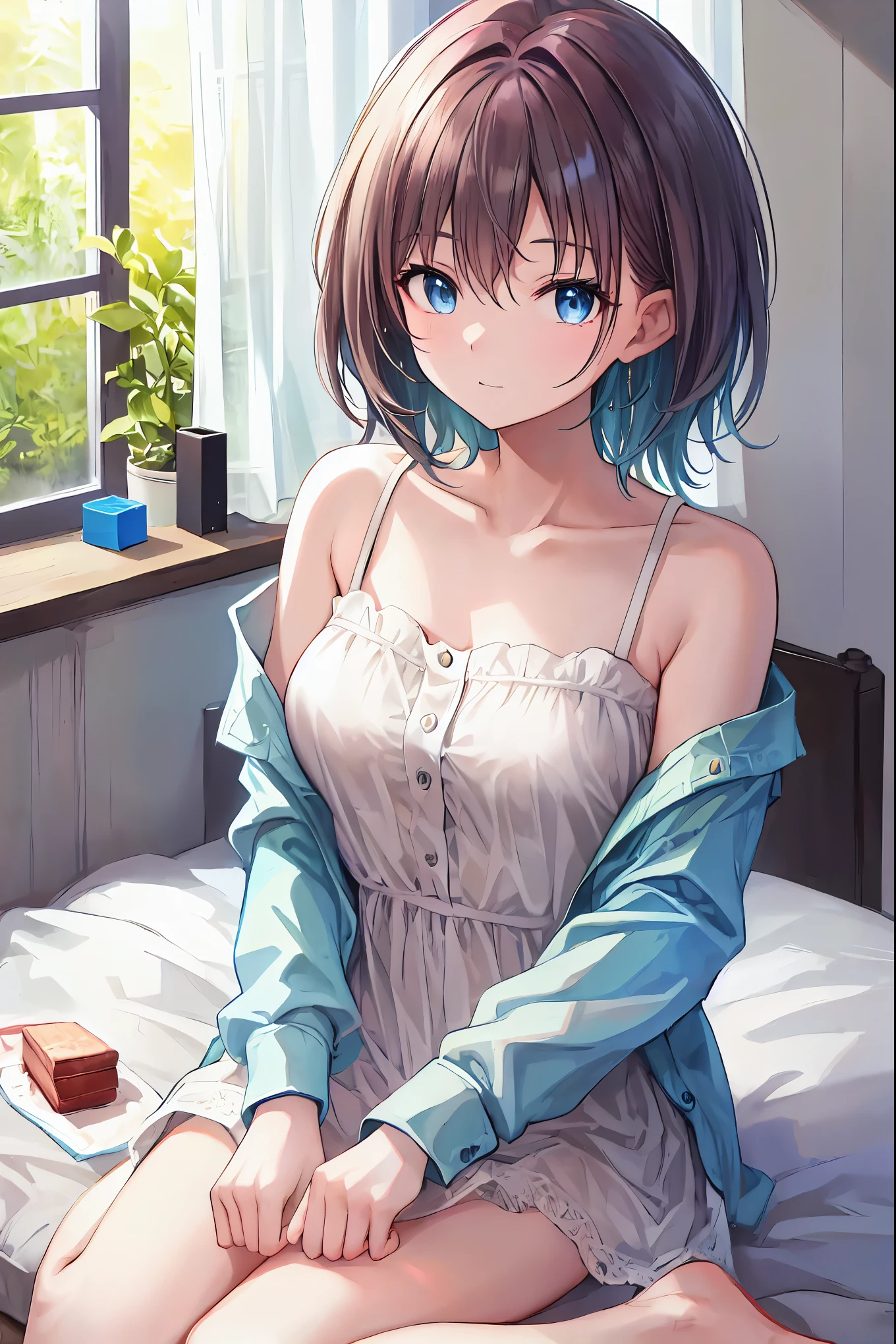 (Tabletop)(High image quality)One couple in their 20s, woman1名、Unisex Light Clothing、woman向けロマンス、Sparkling atmosphere、Glossy appearance、Be happy、Beautiful poop、Devour each other as they please、Interview、Sweating、maleがwomanの胸や体を触る、womanがmaleにキスをする、make out、woman(Brown medium long hair、Slightly large chest、negligee、close ~ eye)、Sweet Sigh、male(Black short hair、Half-removed shirt、Show off your legs、強くclose ~ eye)、background(room、bed、Turn off the lights、I closed the curtains..)、The night deepens、dim