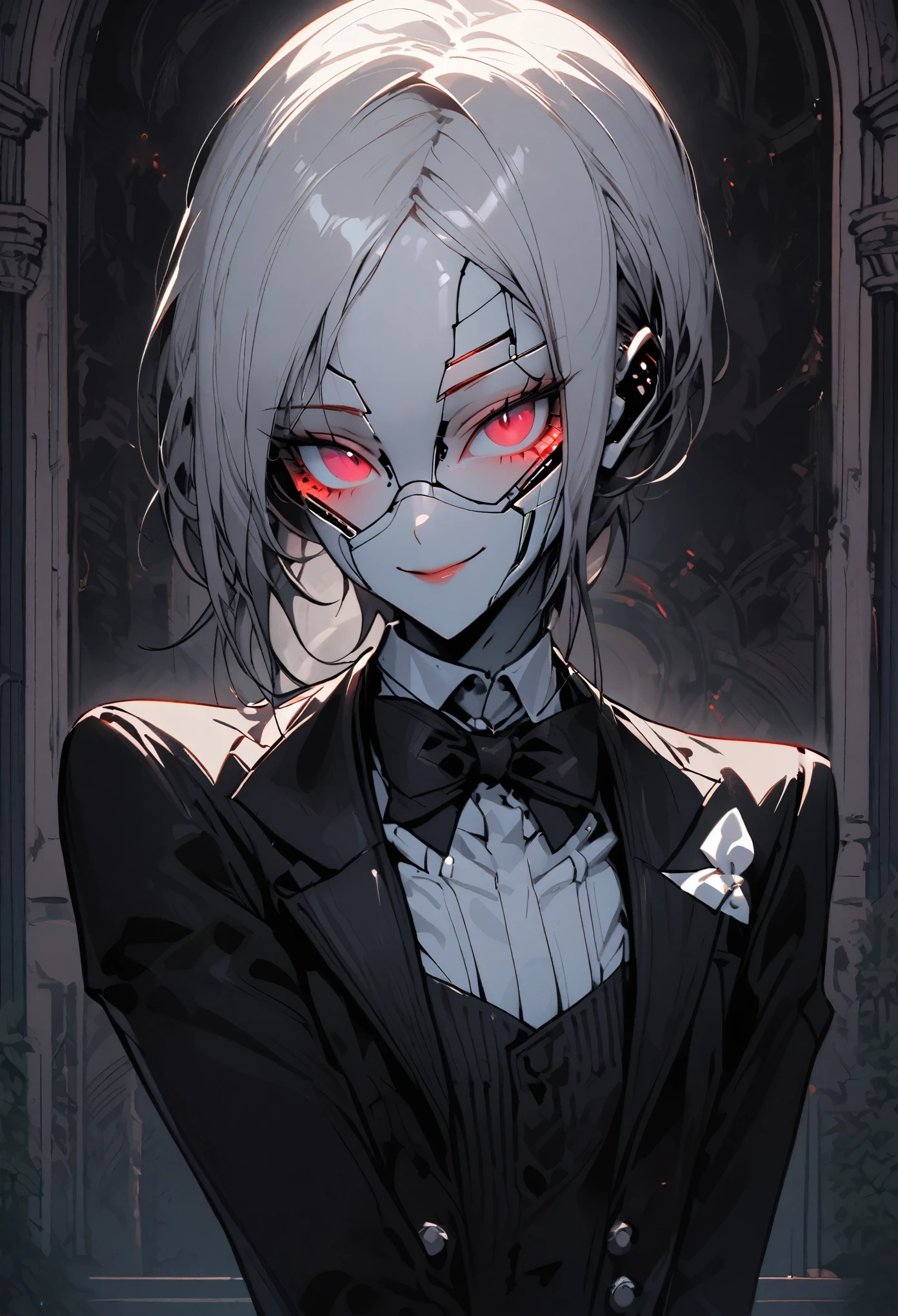 Anime girl with red eyes and black suit and bow tie - SeaArt AI