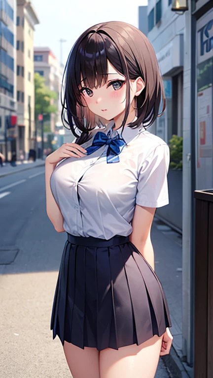 Teen Girls(masterpiece:1.4)、(in 8K、realisitic、Raw photo、top-quality:1.4)、(Real Face:1.4)、(real looking skin:1.3)、超A high resolution、A hyper-realistic、beautiful finely detailed eyes、black hair shorthair、White sailor suit、Dark blue skirt、no-bra、high detailing、(huge-breasted:1.5)、Blushing、troubled look、gargantilha、blue-sky、country road、railroad crossing