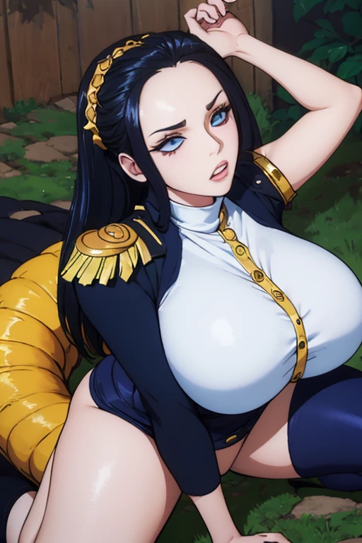 (masterpiece),((doggy position, on all fours)),(ahegao), best quality, expressive eyes, perfect face, 1girl, long hair, black hair, huge breasts, large breasts, thick thighs, curvilinear waist, blue shirt, white pants uniform, muscular female, dark blue eyes, gold adornments, curvy waist, juicy waist, with lightning around the body, dragon scales on body, dragon girl, monster girl, Navy Army Uniform, with a cut scar on his left eye, wearing a monocle, young female