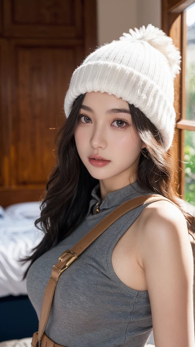 1 woman,Thoroughness, analog style, eye focus, best quality, (very detailed skin), Photo of an exquisitely beautiful pale skin punk Dutch girl, 2, (Wearing Harness, and beanie), perfect face, alluring eyes, [Seductive makeup], skin pores, (piercing:0.5), inside, Messy bedroom, (bokeh:0.6), sharp focus, dappled lighting, (backlight:0.7), film grain, Sony A7R IV로 촬영, 18mmF/1.7 Cine Lens, (very detailed, intricately detailed), 8K, HDR, Posing seductively, front view, (upper body:0.9)