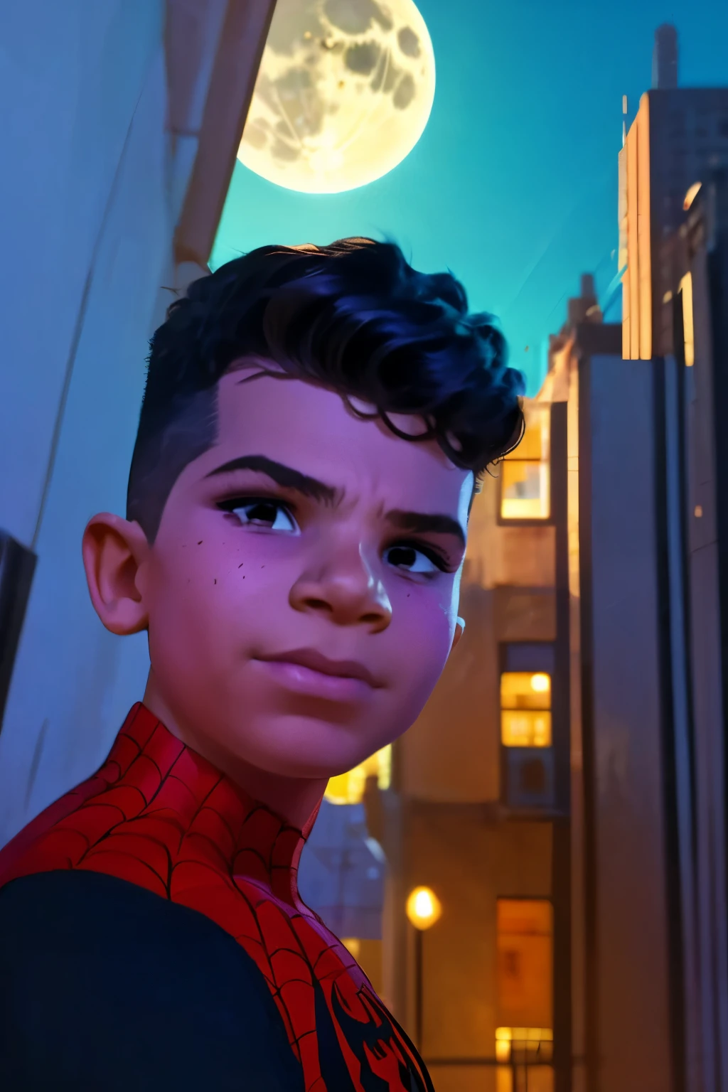 Close-up face, Thoe, ((a boy, ***)), Marvel Comic Panel Drawing: A boy with black eyes, in Dynamic pose, short black hair , over The building under The moonlight, spiderman suit in a city with a fixed gaze . ((Over a building, fullmoon background))