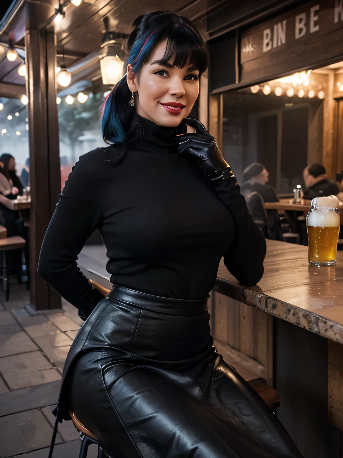 proFessional portrait photograph oF a smiling Bettie Page girl in winter clothing with black ponytail hair, sultry Flirty look, gorgeous symmetrical Face, joli maquillage naturel, flirting with the camera,wearing elegant warm winter Fashion clothing, ((sitting on a stool in a open air bar drinking a beer)), (( soft black leather gloves )) (( tourleneck black skirt)) (( handbag on her shoulders)) (( black long maxi-skirt(black long maxi-skirt:1.2 )) superbe environnement urbain moderne, she want to have sex now,ultra realistic, art conceptuel, elegant, Very detailed, complexe, sharp Focus, depth oF Field, F/1. 8, 85mm, Coup moyen, midplane, (((proFessionally color graded))), bright soFt diFFused light, (volumetric Fog), tendance sur Instagram, hdr 4k, 8K