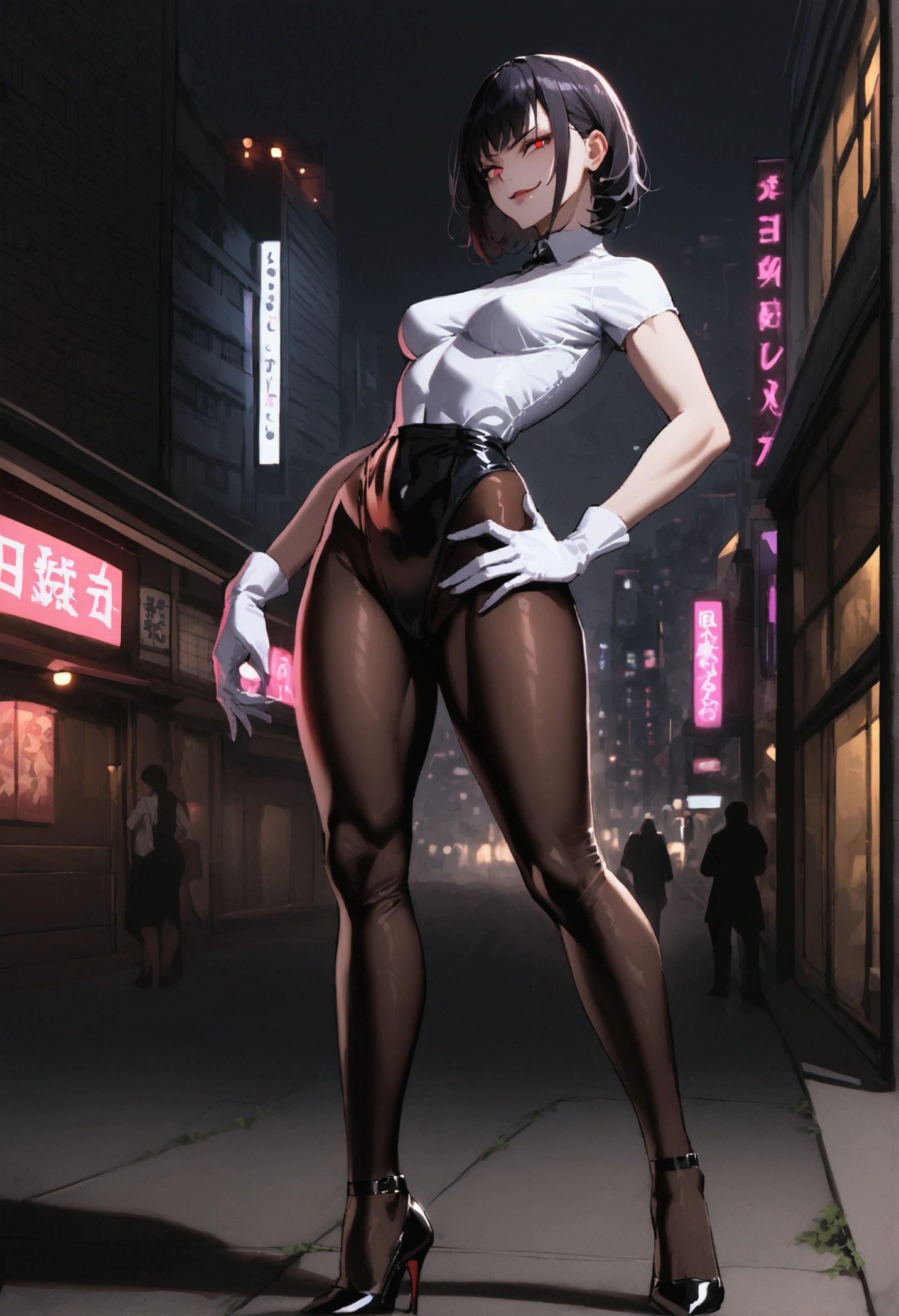 
tight white shirt,medium breasts,beautiful woman ,using long nylon,black high heels ,short black hair with purple details and red eyes,evil smile,whole body,pose sexy,white gloves,city at night,nylon black,
