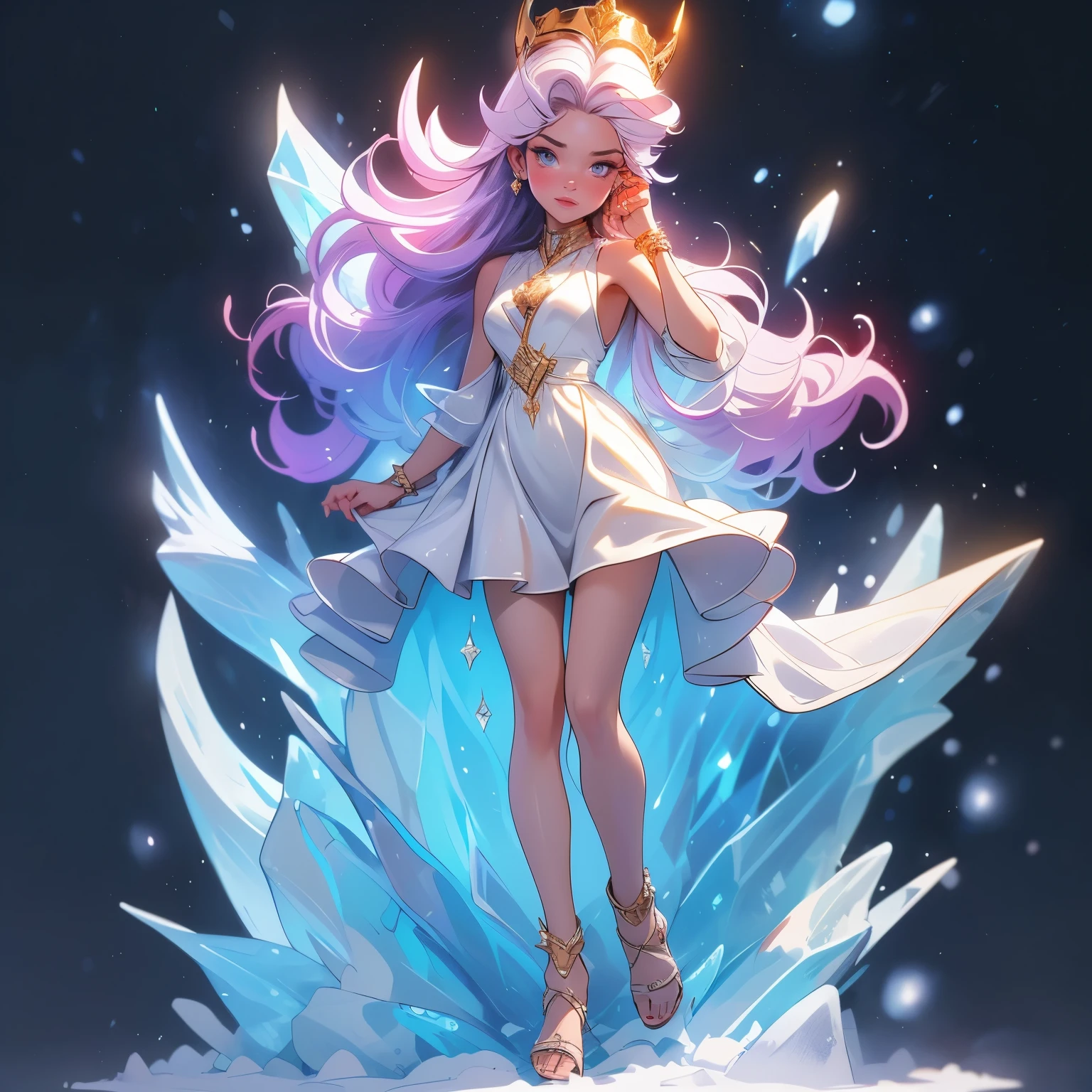 (masterpiece), best quality, 1girl, expressive eyes, perfect face, (purple hair), perfect anatomy, full body, 4k, HDR, full HD, solo, A girl wears a heavenly ice goddess outfit, wearing a dress silver and light blue, made of translucent fabrics that shine like frost. The dress flows elegantly, covered in snowflake-like details at the edges. Her hair is long, loose and almost white, crowned by a tiara of ice crystals. Her cold and serene gaze reflects the power of winter, and her sandals shine as if they were made of pure ice, radiating an icy beauty.
