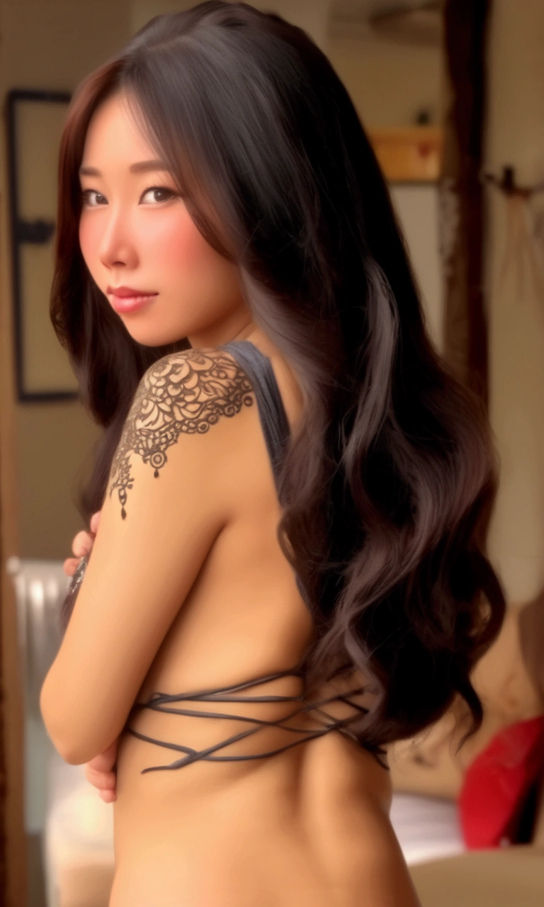 a sexy asian woman, 1girl, bikini, athletic, big butt, long hair, intricate hairstyle, henna calligraphy tattoo on back, holding hair up, (best quality,4k,8k,highres,masterpiece:1.2),ultra-detailed,(realistic,photorealistic,photo-realistic:1.37),HDR,UHD,studio lighting,ultra-fine painting,sharp focus,physically-based rendering,extreme detail description,professional,vivid colors,bokeh,portrait, her back is to the viewer, show all of her, show her head to toe
