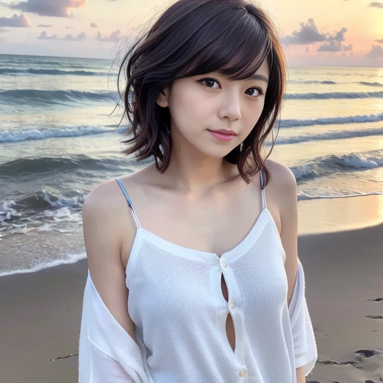 (at beach, 1 girl, small breasts, medium bob hair, white T-shirts, wearing miniskirt, Spread legs, squatting:1.5), fair-skinned, glossy lips, skinny, body type, delicate and sexy clavicle, highest quality, RAW photo, realistic, face, incredibly ridiculous beautiful girl, cute, Depth of bounds written, High resolution, ultra detail, detailed, Very detailed, extremely detailed eye and face, sharp pupils, sharp focus, cinematic lighting