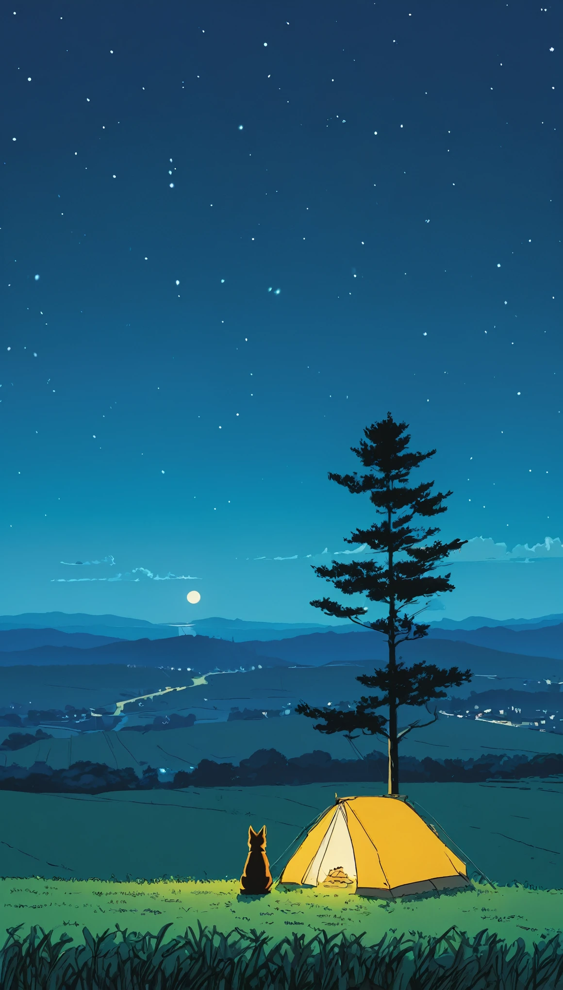(Minimalism:1.4), Draw a simple art of Tintin style lonely a tree field night serene , studio ghibli art, miyazaki, margaritas , Makoto Shinkai!!, anime movie background best quality best of SeaArt HD