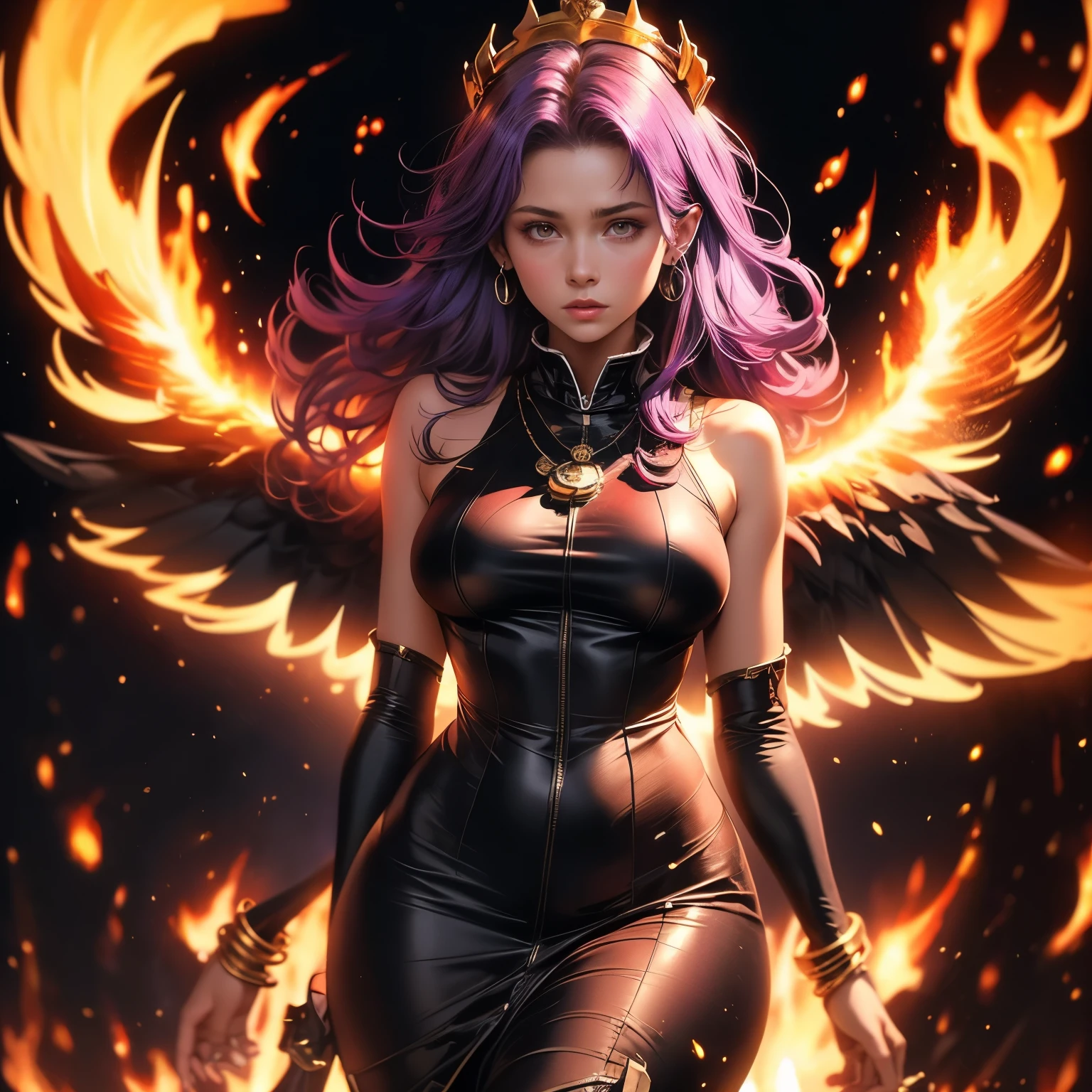 (masterpiece), best quality, 1girl, expressive eyes, perfect face, (purple hair), perfect anatomy, full body, 4k, HDR, full HD, solo, A girl wears a heavenly fire goddess outfit, wearing a dress red and gold, made of light fabrics that look like flames waving in the air. The edges of the dress glow like burning embers, and her golden bracelets glow with heat. Her long, loose, dark hair has reddish highlights as if the fire illuminated it from within. A gold crown with details of fire adorns his head, while his eyes reflect the power and intensity of the flames.

