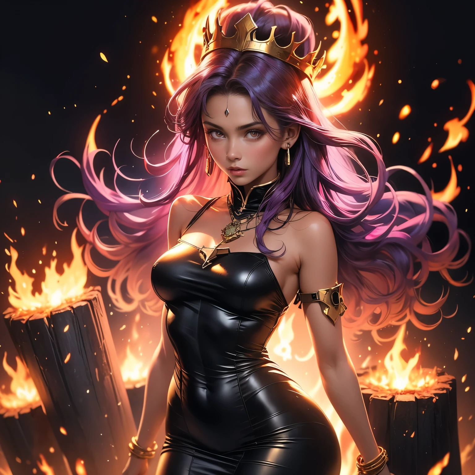 (masterpiece), best quality, 1girl, expressive eyes, perfect face, (purple hair), perfect anatomy, full body, 4k, HDR, full HD, solo, A girl wears a heavenly fire goddess outfit, wearing a dress red and gold, made of light fabrics that look like flames waving in the air. The edges of the dress glow like burning embers, and her golden bracelets glow with heat. Her long, loose, dark hair has reddish highlights as if the fire illuminated it from within. A gold crown with details of fire adorns his head, while his eyes reflect the power and intensity of the flames.

