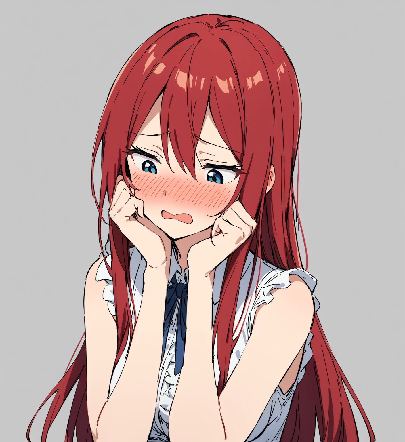 masterpiece, best quality, 1 girl, erza scarlet, red hair, long hair, sidelocks, hair between eyes, embarrassed, @ @, blush, open mouth, white shirt, collared shirt, frilled shirt, sleeveless shirt, ribbon, upper body, hands on own face, hands on own cheeks, looking down, simple background