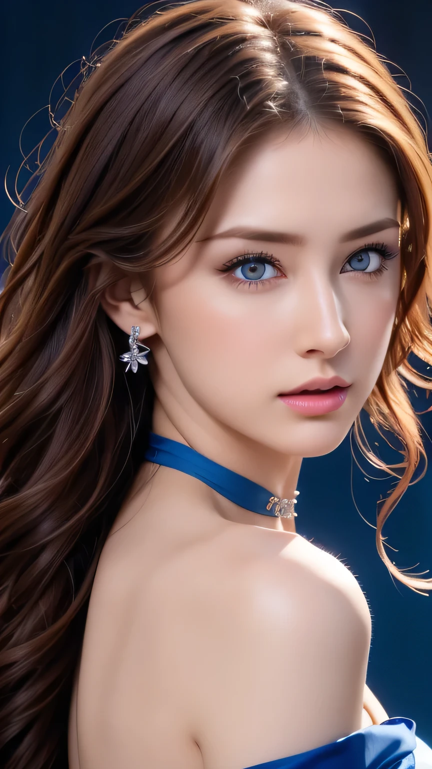 A woman with long hair wearing a blue dress and earrings - SeaArt AI