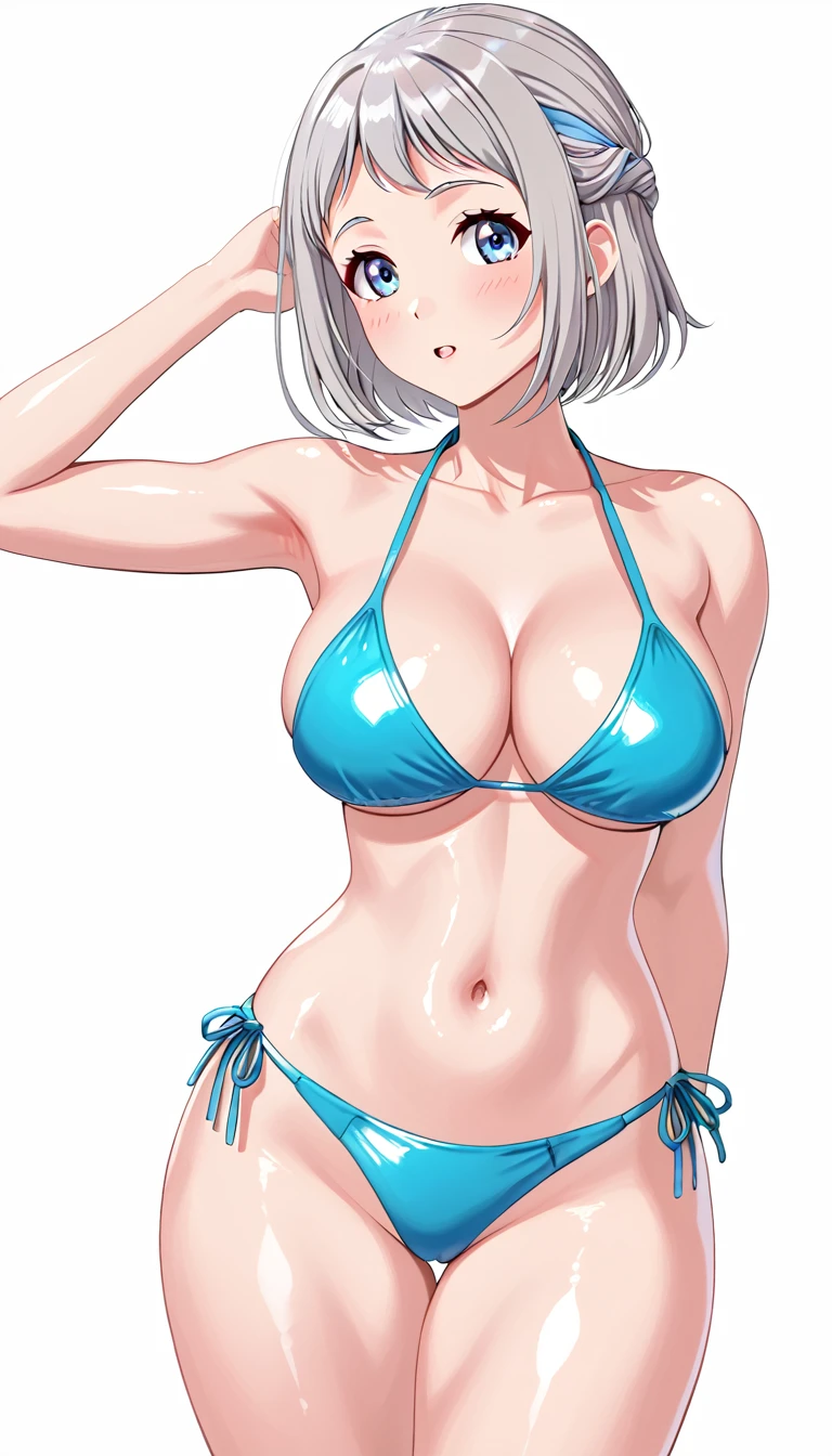 16k,8k,4K, Lilja - Default , Katsuragi Lilia,blue eyes,Gray Hair,short hair,Braiding,bikini,,Large Breasts,Thick thighs,Shiny skin,White background
