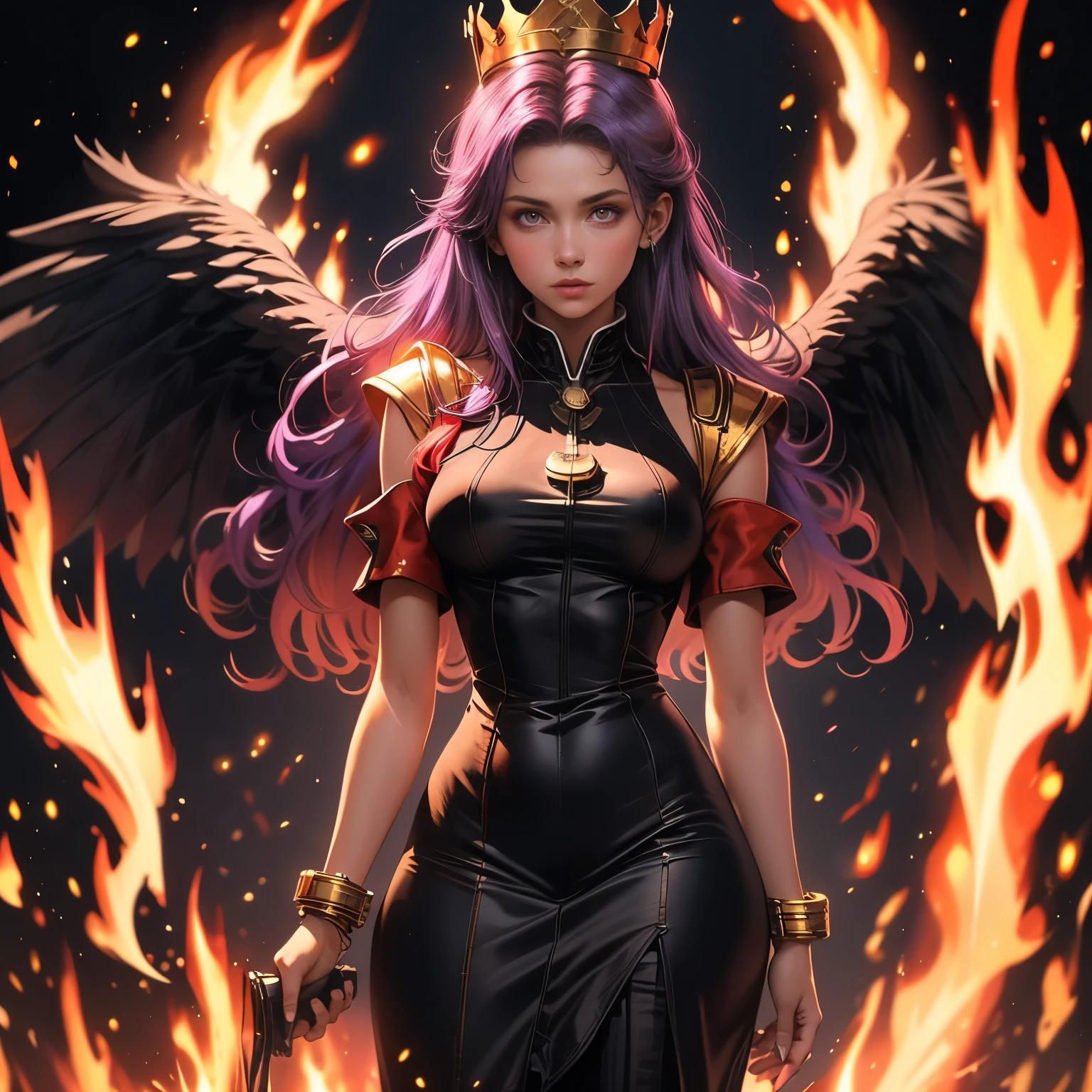 (masterpiece), best quality, 1girl, expressive eyes, perfect face, (purple hair), perfect anatomy, full body, 4k, HDR, full HD, solo, A girl wears a heavenly fire goddess outfit, wearing a dress red and gold, made of light fabrics that look like flames waving in the air. The edges of the dress glow like burning embers, and her golden bracelets glow with heat. Her long, loose, dark hair has reddish highlights as if the fire illuminated it from within. A gold crown with details of fire adorns his head, while his eyes reflect the power and intensity of the flames.
