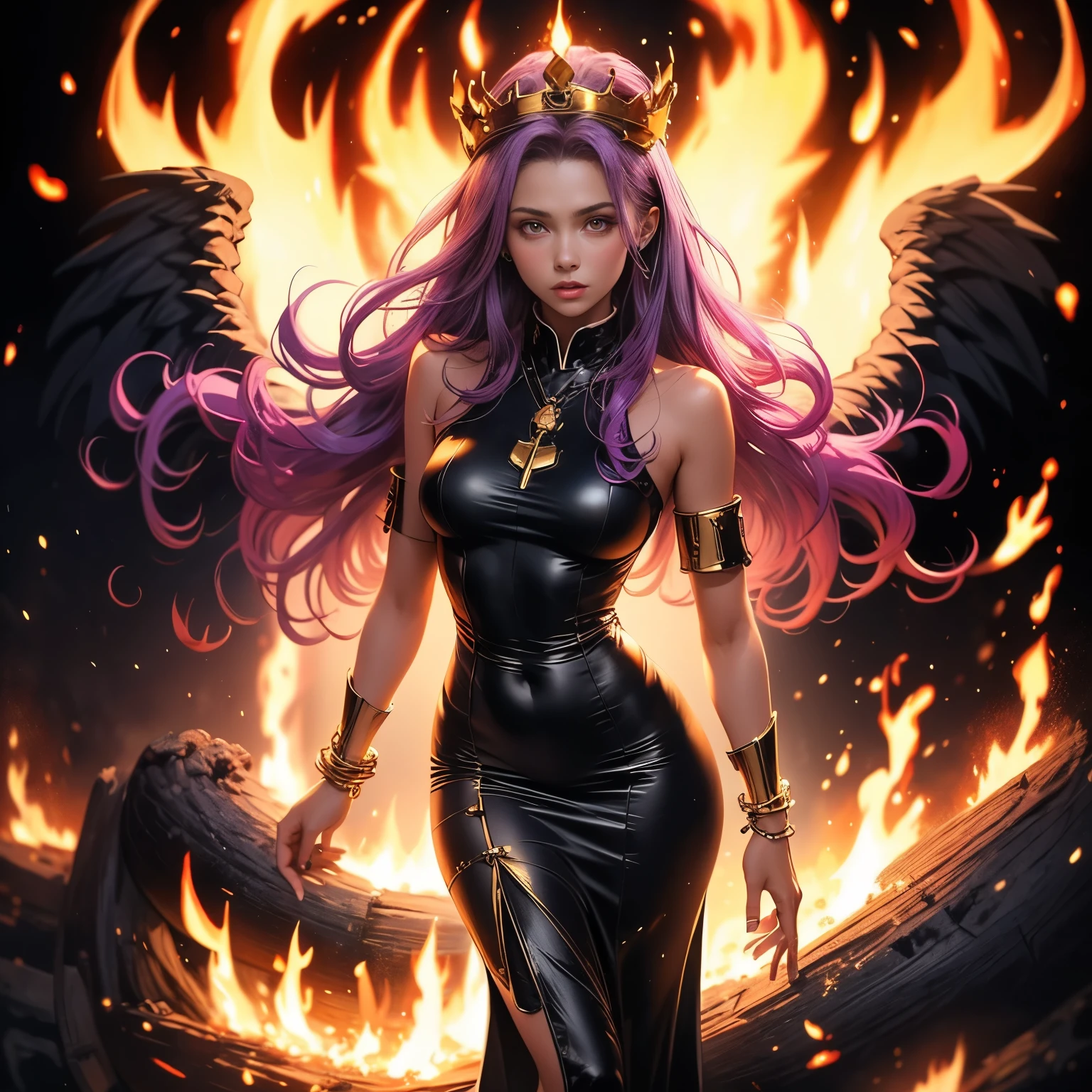 (masterpiece), best quality, 1girl, expressive eyes, perfect face, (purple hair), perfect anatomy, full body, 4k, HDR, full HD, solo, A girl wears a heavenly fire goddess outfit, wearing a dress red and gold, made of light fabrics that look like flames waving in the air. The edges of the dress glow like burning embers, and her golden bracelets glow with heat. Her long, loose, dark hair has reddish highlights as if the fire illuminated it from within. A gold crown with details of fire adorns his head, while his eyes reflect the power and intensity of the flames.
