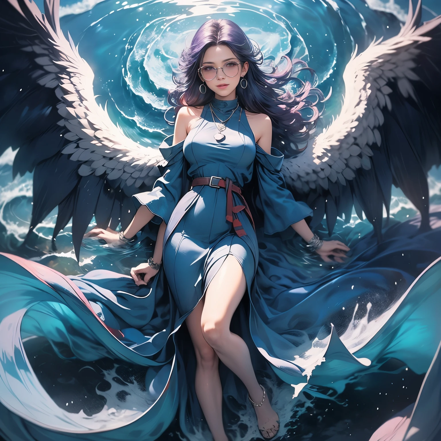 (masterpiece), best quality, 1girl, expressive eyes, perfect face, (purple hair), perfect anatomy, full body, 4k, HDR, full HD, solo, 
She wears a heavenly dress of deep blue, with shades ranging from sky blue to navy blue, simulating the layers of the ocean. The fabric appears liquid, flowing around his body as if it were made of water. The top has a V-shaped neckline, delicately decorated with silver details that simulate drops. Her eyes are a deep blue, like the ocean, and her hair is long and flowing. The edges of the dress are adorned with silver threads. and turquoises that intertwine, forming patterns of waves and swirls, evoking the movement of water. At her waist, she wears a blue crystal belt, composed of small stones that look like floating bubbles, shining with an ethereal touch. The sleeves are long and loose, open at the arms, and move like currents of gentle water around her. She wears a delicate necklace of silver shells and seawater crystals, which hangs gently over her chest. In her ears, she wears long pearl earrings and water drops that reflect the light as if they were real drops falling. On her wrist, a silver coral bracelet. Behind her, wings sprout that are made of moving water. The wings reflect the light, with silver sparkles at the edges that shine like sea foam.
