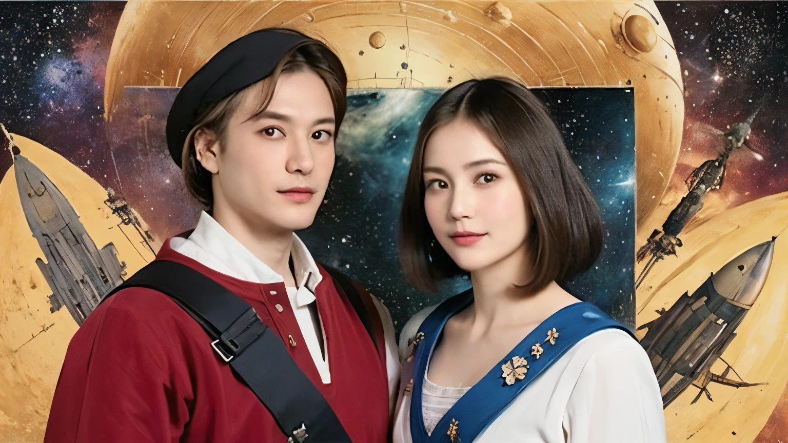 294 (20-year-old woman,short hair,20-year-old male), (A kind smile), ((Spaceship,captain)), (colorful), (Leonardo da Vinci paintings), flower, Space Suit, Pirate Ship, nebula, milky way