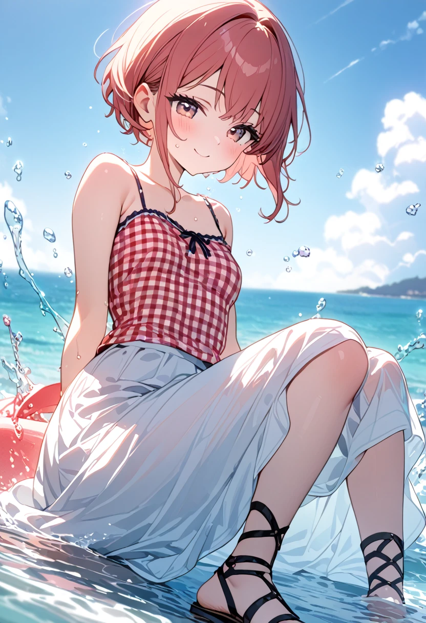 (8k, Best Quality, masterpiece: 1.2),Ultra-high resolution, 1 person, cute, solo ,Small breasts, Highly detailed face, White long skirt, The top is a red gingham check camisole.ソール, Short sleeve, White long skirt, The top is a red gingham check camisole., 白色のShort sleeve, Gladiator Sandals, sea, Date, Pure white long skirt, Lots of water, Water Play, Water up to my chest, Childlike, Bright smile, 