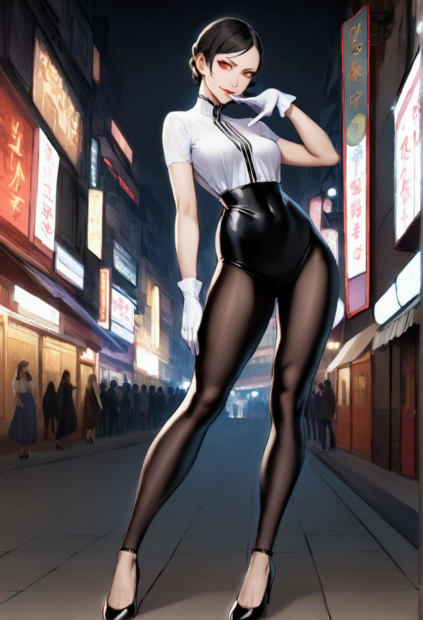 thin ,linda,tight white shirt,medium breasts,beautiful woman ,using long nylon,black high heels ,short black hair with purple details and red eyes,evil smile,whole body,pose sexy,white gloves,city at night,nylon black, thin
