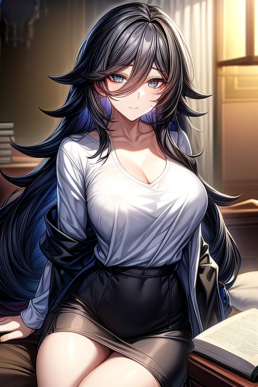 (Perfect work, Handsome face, Exquisite eyes), 1 woman, (cartoon), (woman), Black long hair, Clearly defined pupils, university student, White shirt,Black pants,Calm,Hold a book in your left hand(Exquisite book),In the study,Sitting on the sofa and reading,morning,Curtains slightly lit,A white cat(Sleeping next to),Loose clothing,White collarbone,