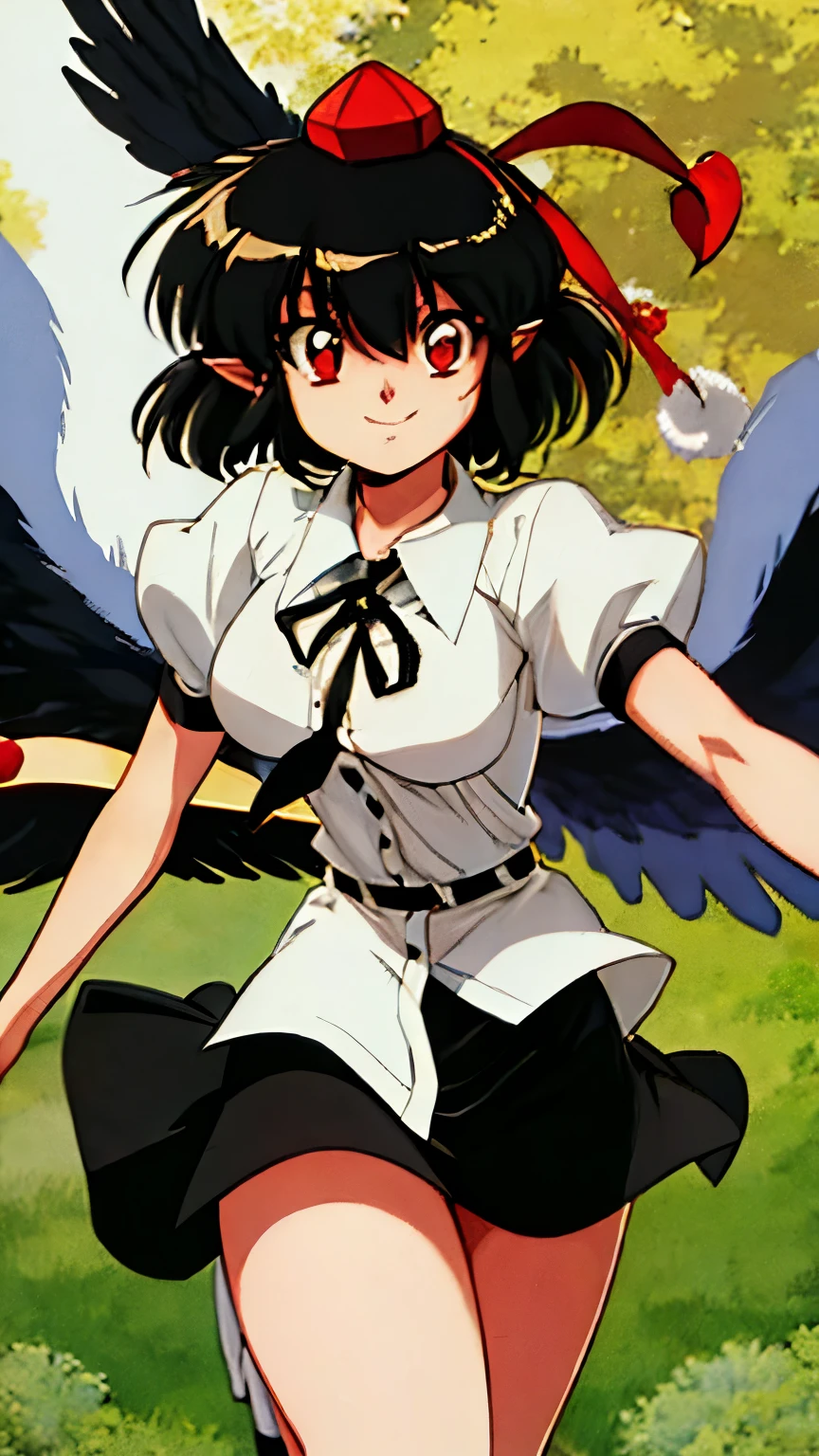 retro artstyle shameimaru_aya_touhou
short_hair, hat, black_hair, tokin_hat, red_eyes, bangs, red_headwear, smile, wings, black_wings, ribbon, hair_between_eyes, pointy_ears, breasts