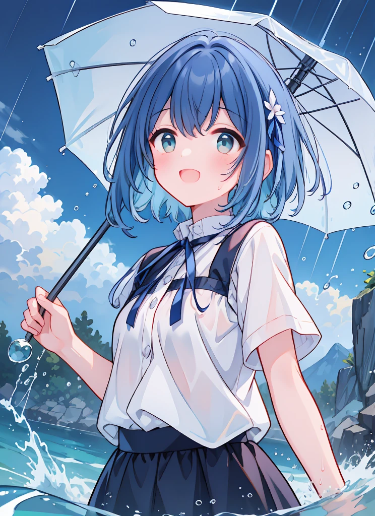 (8k, Best Quality, masterpiece: 1.2), Ultra-high resolution, 1 person, cute, Small breasts, Highly detailed face, White blouse, shirt, 大量のrain, rain, soaked, Black underwear, ribbon, gothic long skirt, Water droplets all over the body, A childlike smile, The best smile, Lots of water, Submersion, Splash, Water up to my chest, 