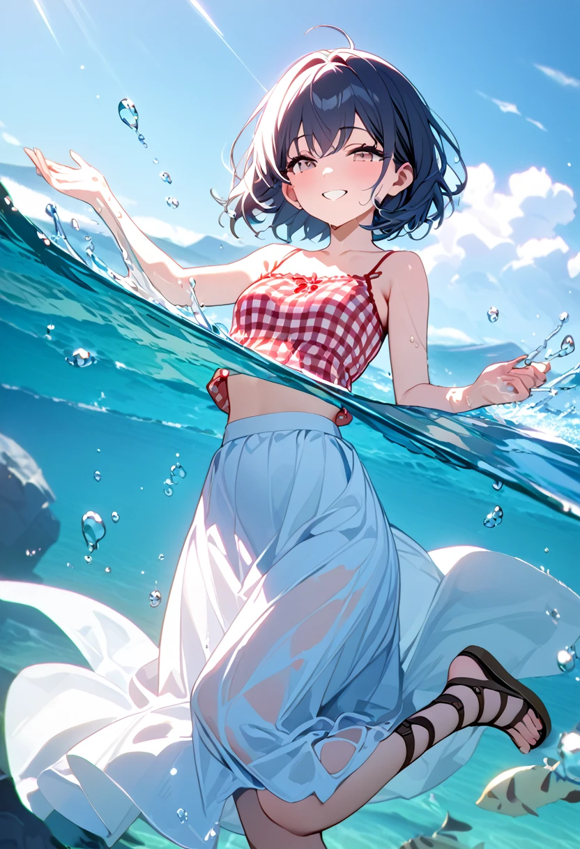 (8k, Best Quality, masterpiece: 1.2),Ultra-high resolution, 1 person, cute, solo ,Small breasts, Highly detailed face, White long skirt, The top is a red gingham check camisole.ソール, Short sleeve, White long skirt, The top is a red gingham check camisole., 白色のShort sleeve, Gladiator Sandals, sea, Date, Pure white long skirt, Lots of water, Water Play, Water up to my chest, Childlike, Bright smile, 