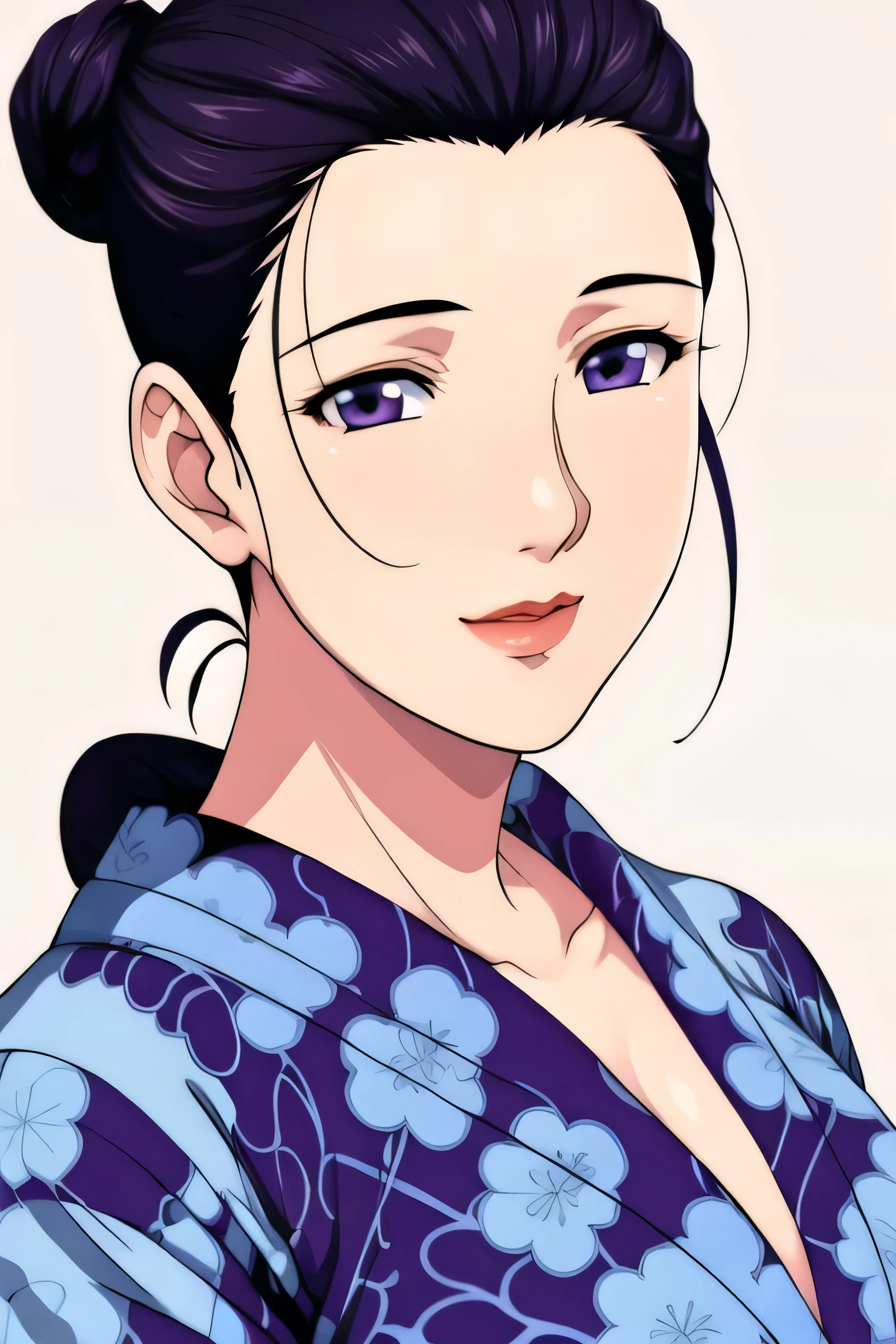 Simple Background,White Background,
purple kimono,floral print,japanese clothes,wide sleeves,long sleeves,
cleavage,
purple eyes, black hair,bangs,hair bun,
1 girl,Young female,Beautiful long legs,Beautiful body,
Beautiful Nose,Beautiful character design, perfect eyes, perfect face,expressive eyes,perfect balance,
looking at viewer,(Focus on her face),closed mouth, (innocent_big_eyes:1.0),(Light_Smile:0.3),
official art,extremely detailed CG unity 8k wallpaper, perfect lighting,Colorful, Bright_Front_face_Lighting,White skin,
(masterpiece:1.0),(best_quality:1.0), ultra high res,4K,ultra-detailed,
photography, 8K, HDR, highres, absurdres:1.2, Kodak portra 400, film grain, blurry background, bokeh:1.2, lens flare, (vibrant_color:1.2),professional photograph,
(Beautiful,large_Breasts:1.4), (beautiful_face:1.5),(narrow_waist),