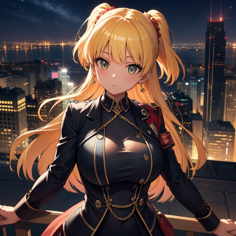 masterpiece, Super detailed, high quality, 8k, Luminedef, night, Bright Eyes, Detailed aspect, Dynamic pose, looking at viewer, Huge breasts, night city view, Standing, Upper Body,